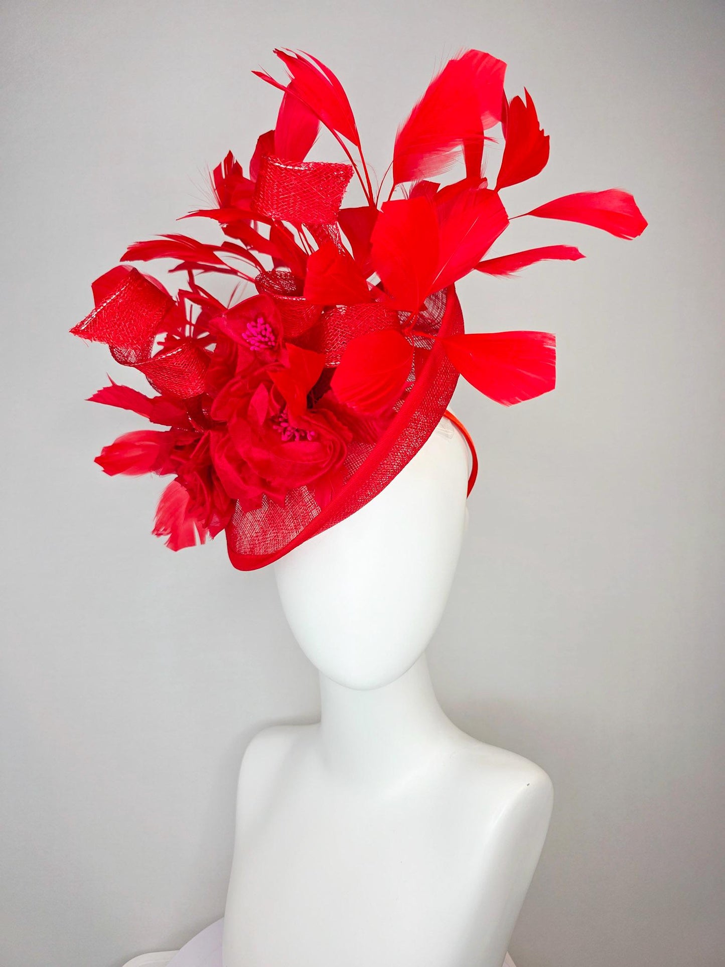 kentucky derby hat fascinator scarlet red sinamay saucer with curls red organza satin flowers with red leaves bright red branching feathers