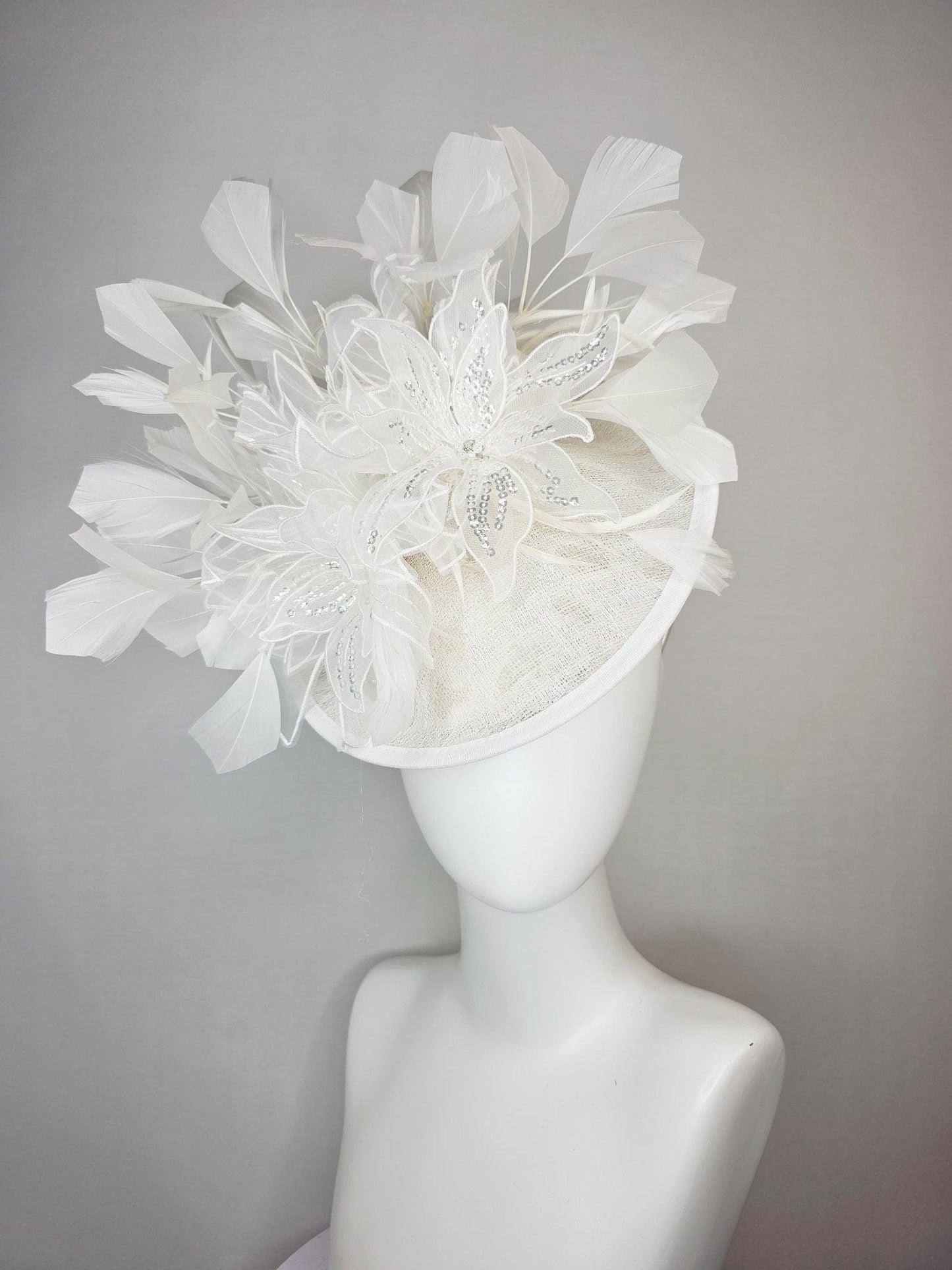 kentucky derby hat fascinator neutral ivory white sinamay saucer with white organza flowers with silver sequins and white branching feathers