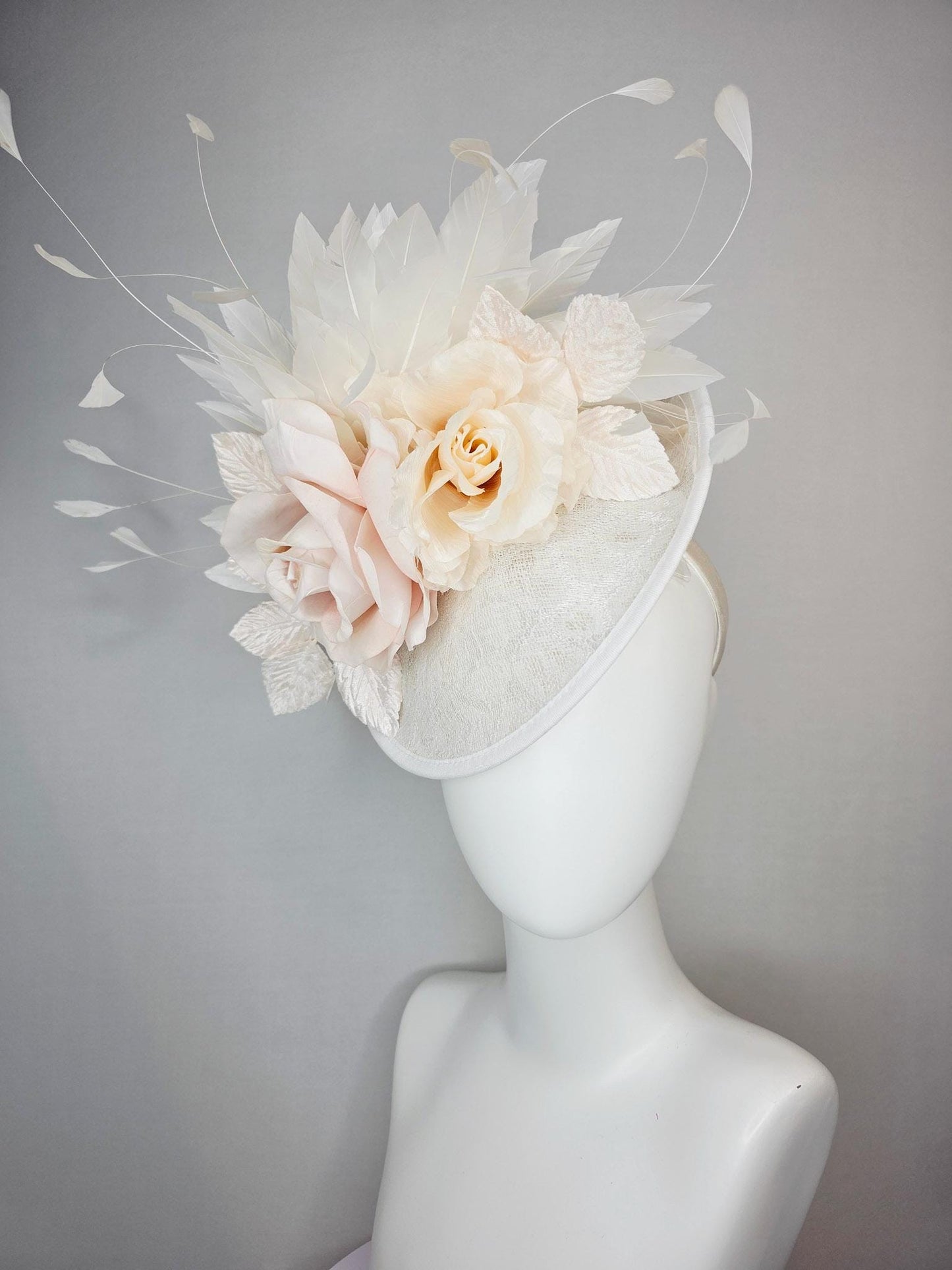 kentucky derby hat fascinator neutral ivory white sinamay saucer with champagne pink and cream organza roses with leaves and white feathers