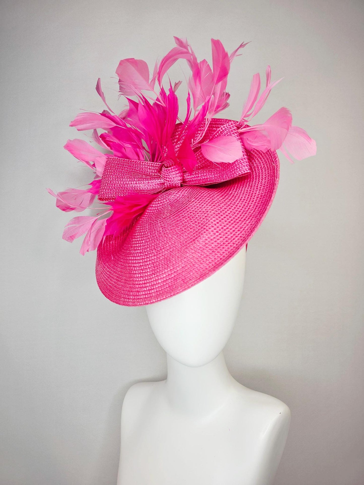 kentucky derby hat fascinator hot pink straw saucer with pink straw bow and fuchsia and blush pink branching feathers