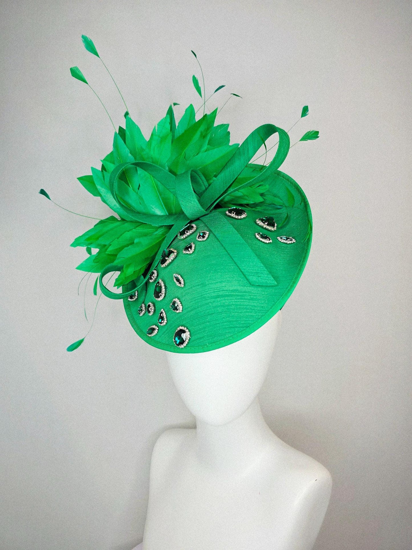 kentucky derby hat fascinator green shantung saucer emerald green crystal rhinestone jewels with green shantung bow and lime green feathers