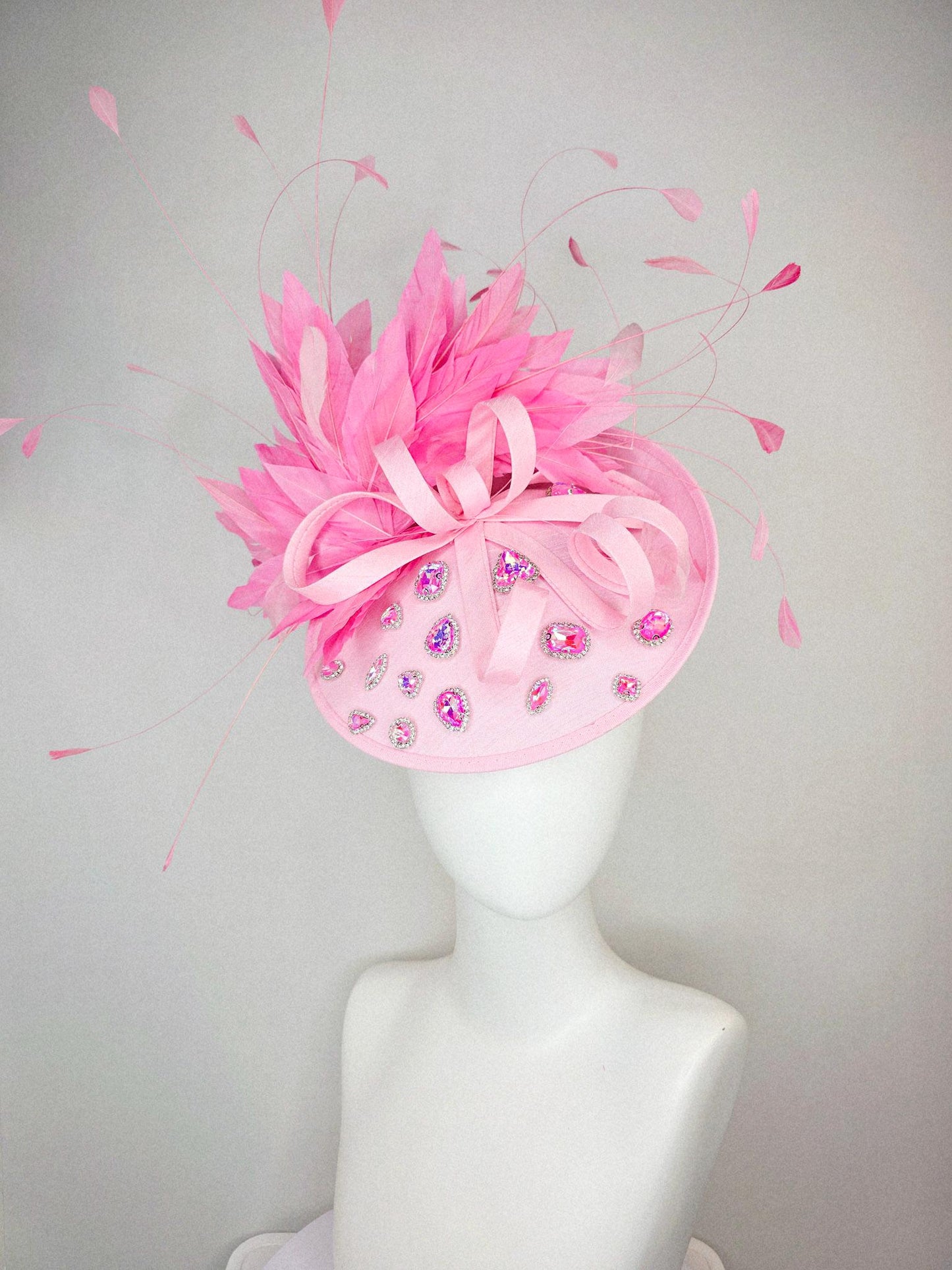 kentucky derby hat fascinator light baby pink shantung saucer iridescent pink crystal rhinestone jewels shantung bow blush pink feathers