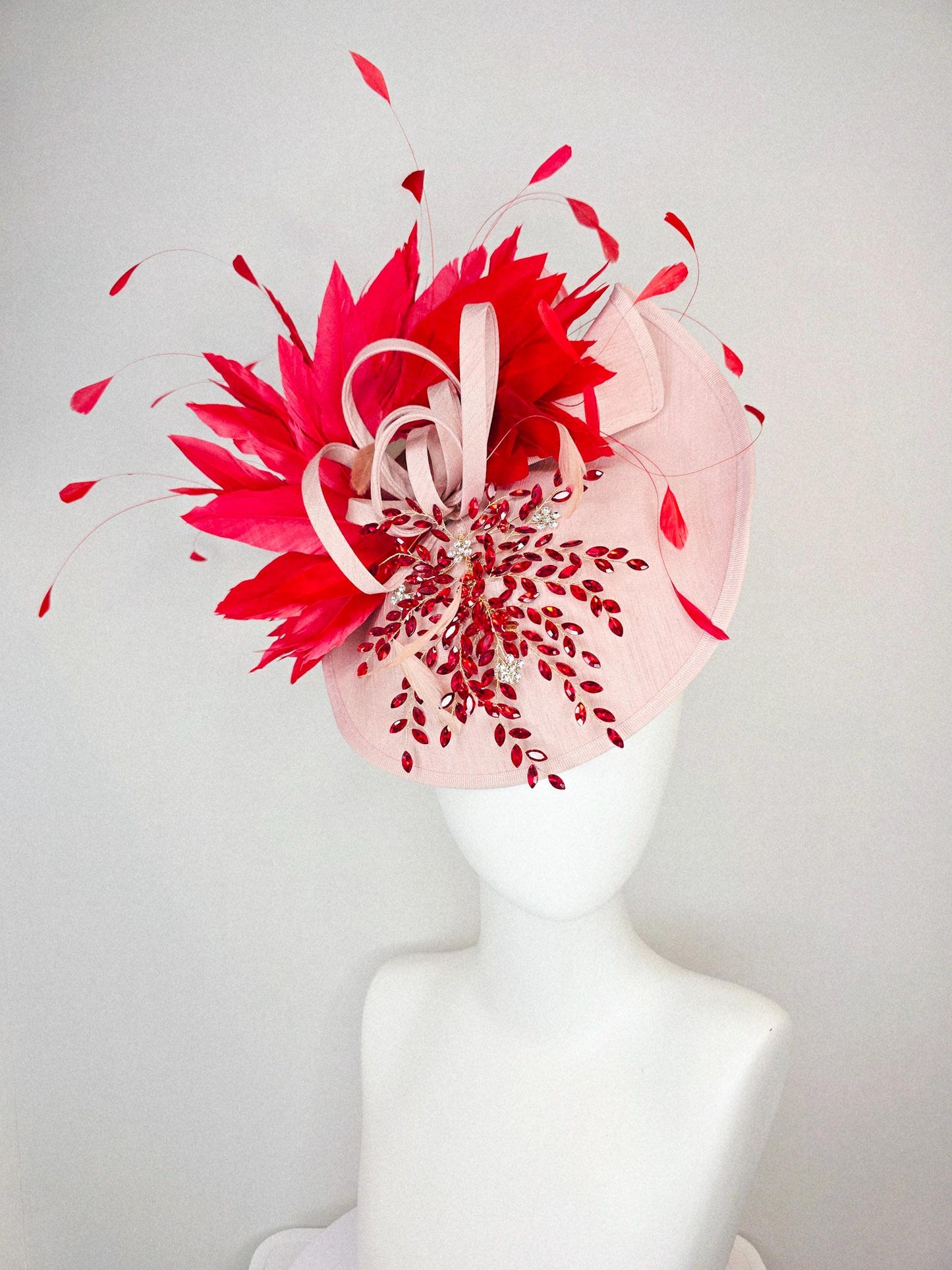 kentucky derby hat fascinator champagne pink shantung saucer with crystal red leaf vine shantung curls and scarlet red branching feathers