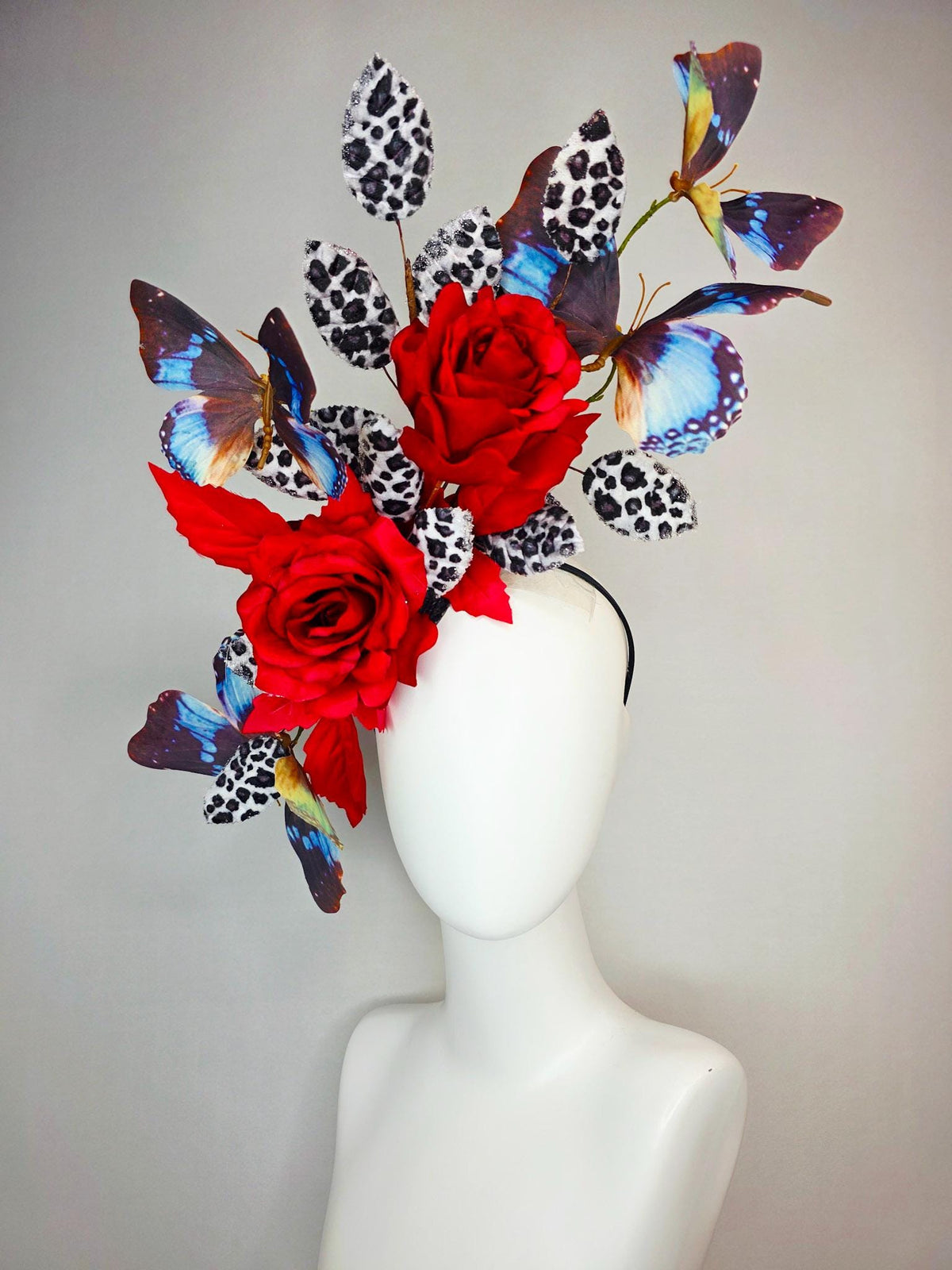 kentucky derby hat fascinator large scarlet red satin roses gray black and white leopard print velvet leaves sky blue and black butterflies