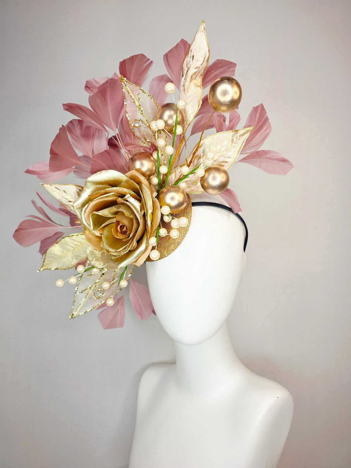 kentucky derby hat fascinator large gold satin silk rose with gold leaves large gold and small pearls mauve dusty pink branching feathers