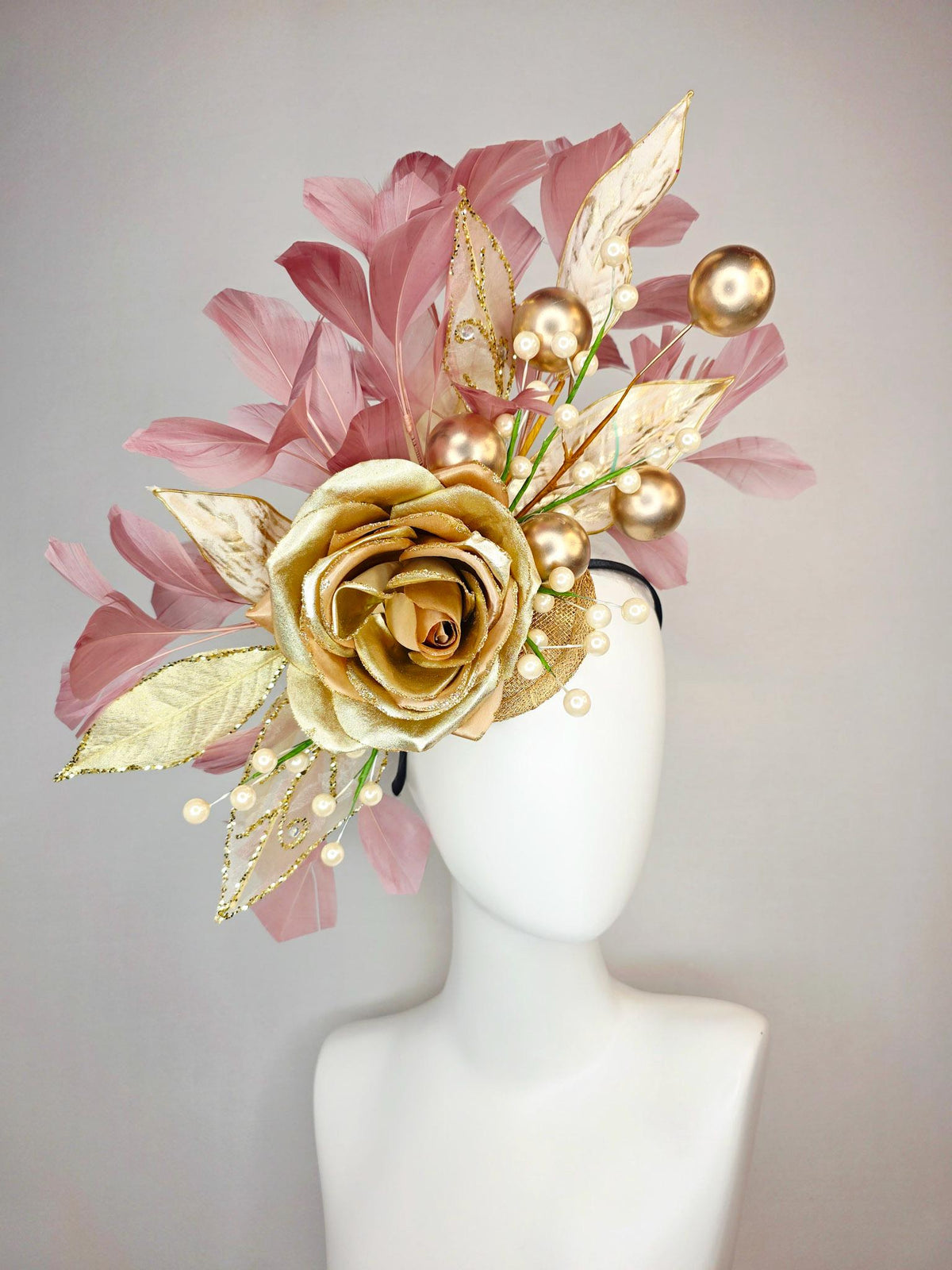 kentucky derby hat fascinator large gold satin silk rose with gold leaves large gold and small pearls mauve dusty pink branching feathers