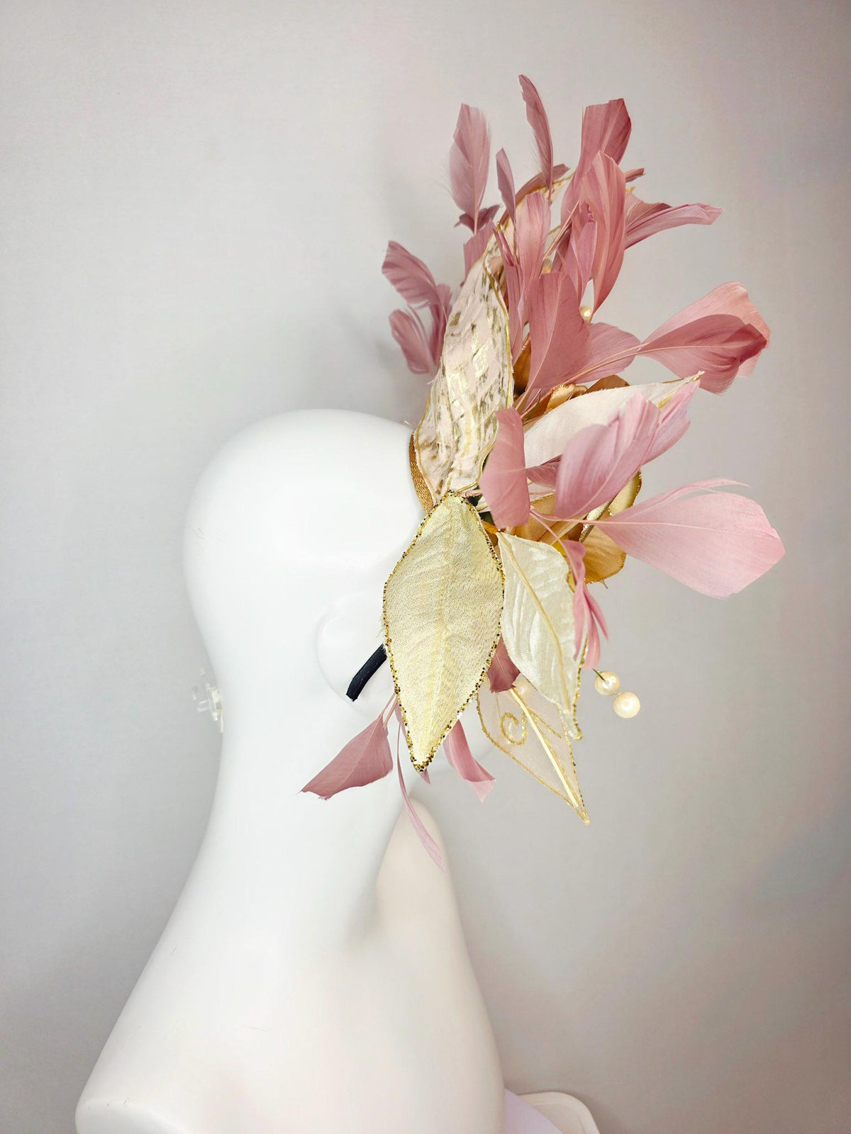 kentucky derby hat fascinator large gold satin silk rose with gold leaves large gold and small pearls mauve dusty pink branching feathers