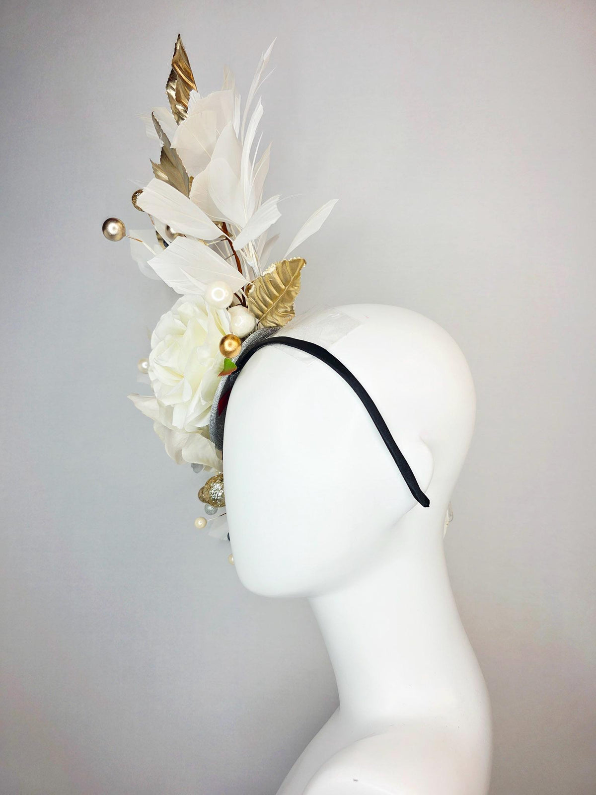 kentucky derby hat fascinator neutral ivory white silver organza roses gold leaves gold bronze silver pearls ivory white branching feathers