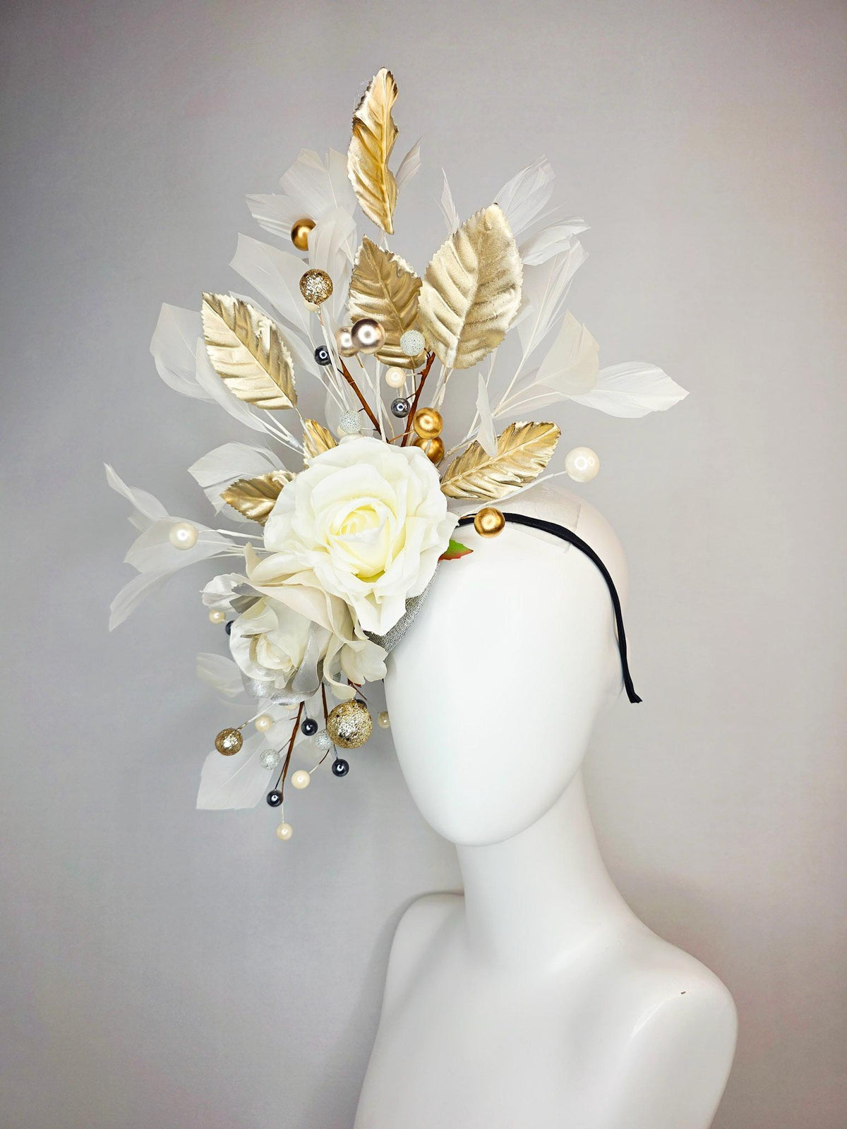 kentucky derby hat fascinator neutral ivory white silver organza roses gold leaves gold bronze silver pearls ivory white branching feathers