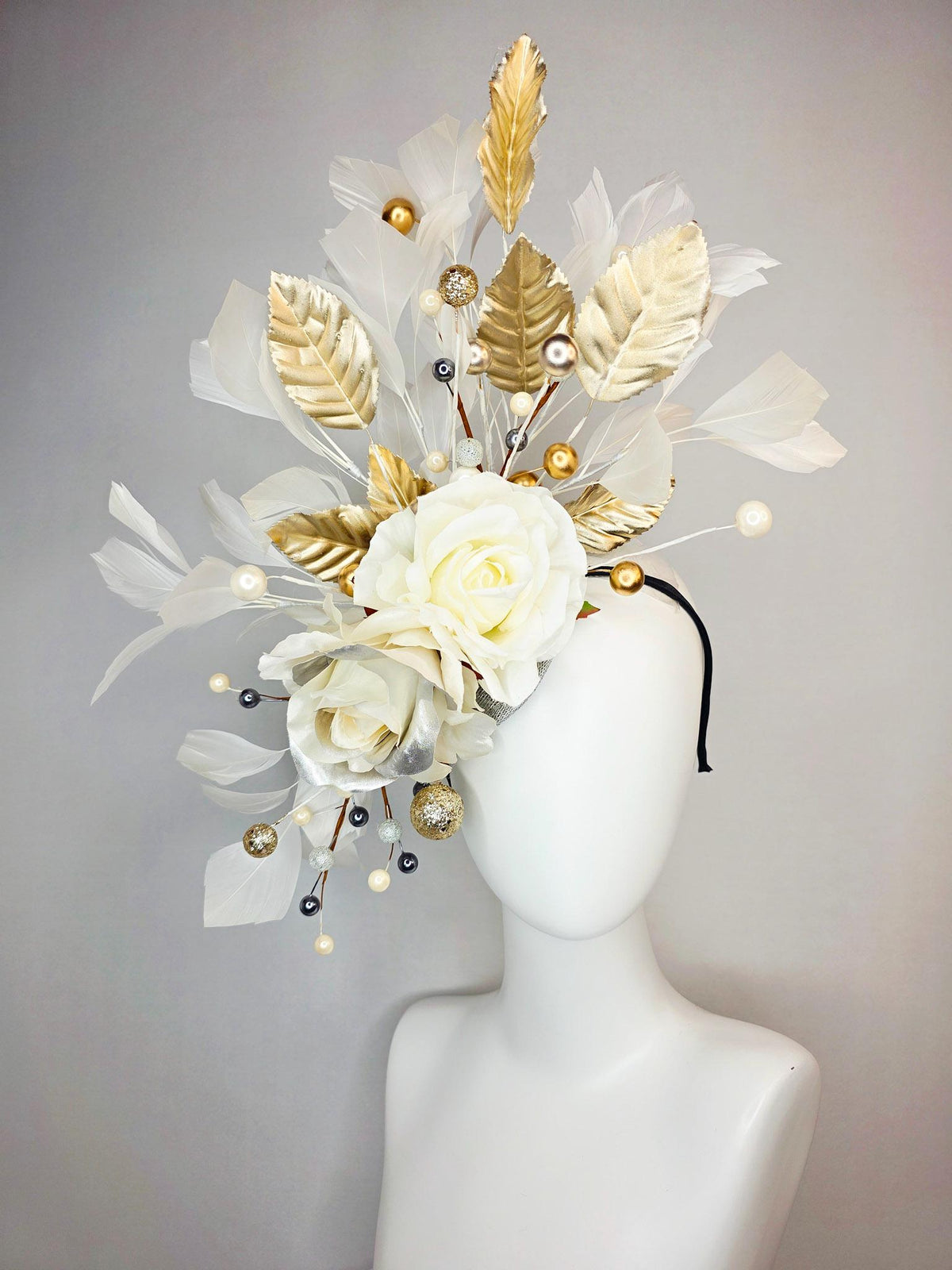kentucky derby hat fascinator neutral ivory white silver organza roses gold leaves gold bronze silver pearls ivory white branching feathers