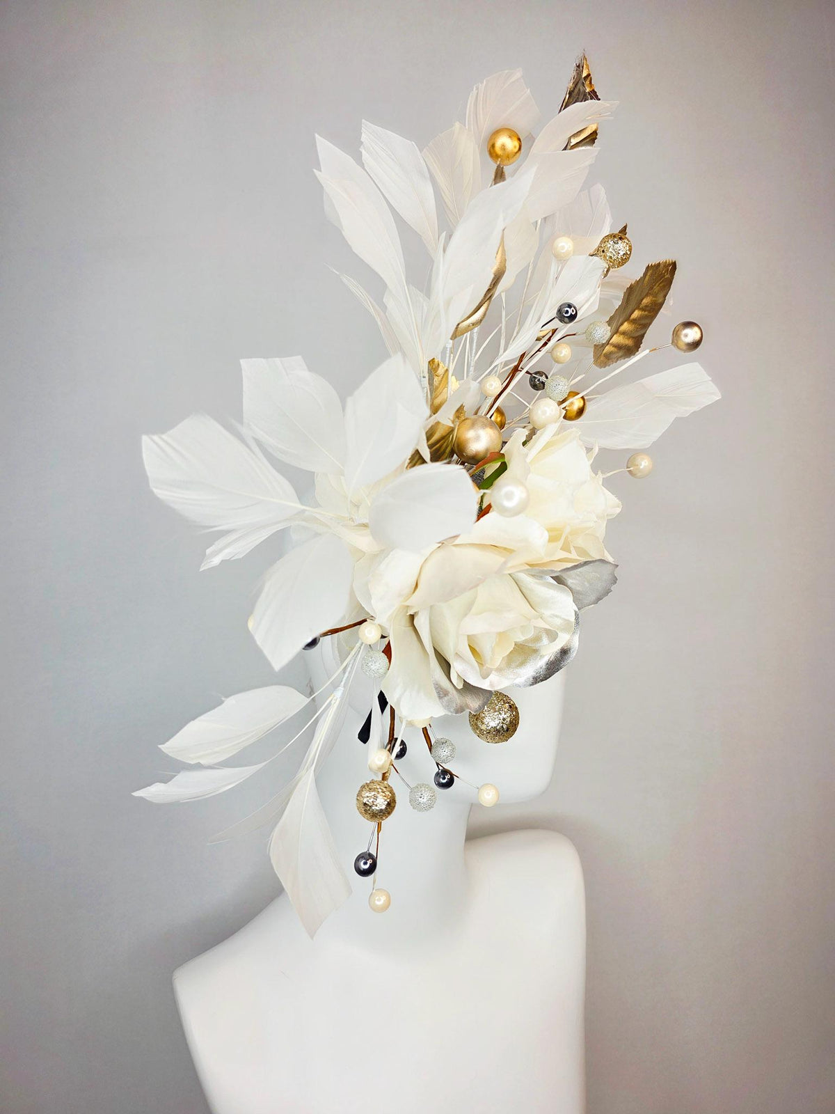 kentucky derby hat fascinator neutral ivory white silver organza roses gold leaves gold bronze silver pearls ivory white branching feathers