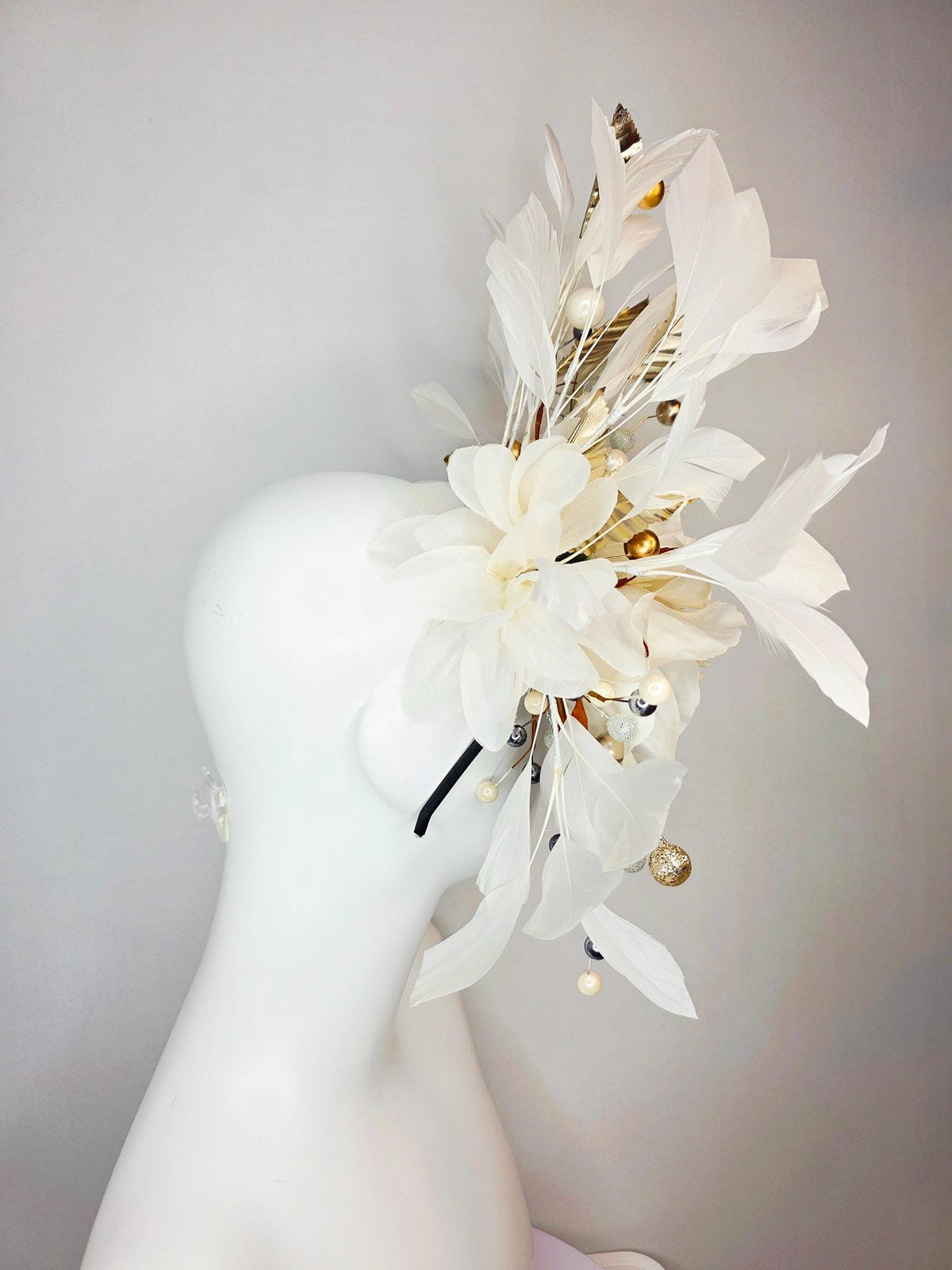 kentucky derby hat fascinator neutral ivory white silver organza roses gold leaves gold bronze silver pearls ivory white branching feathers