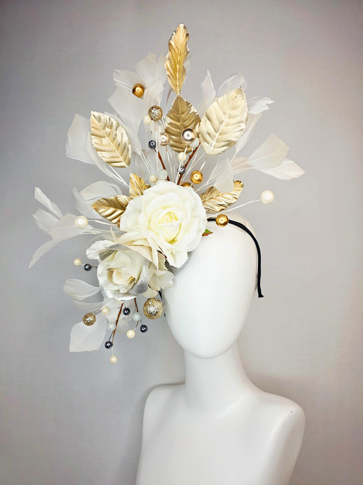 kentucky derby hat fascinator neutral ivory white silver organza roses gold leaves gold bronze silver pearls ivory white branching feathers