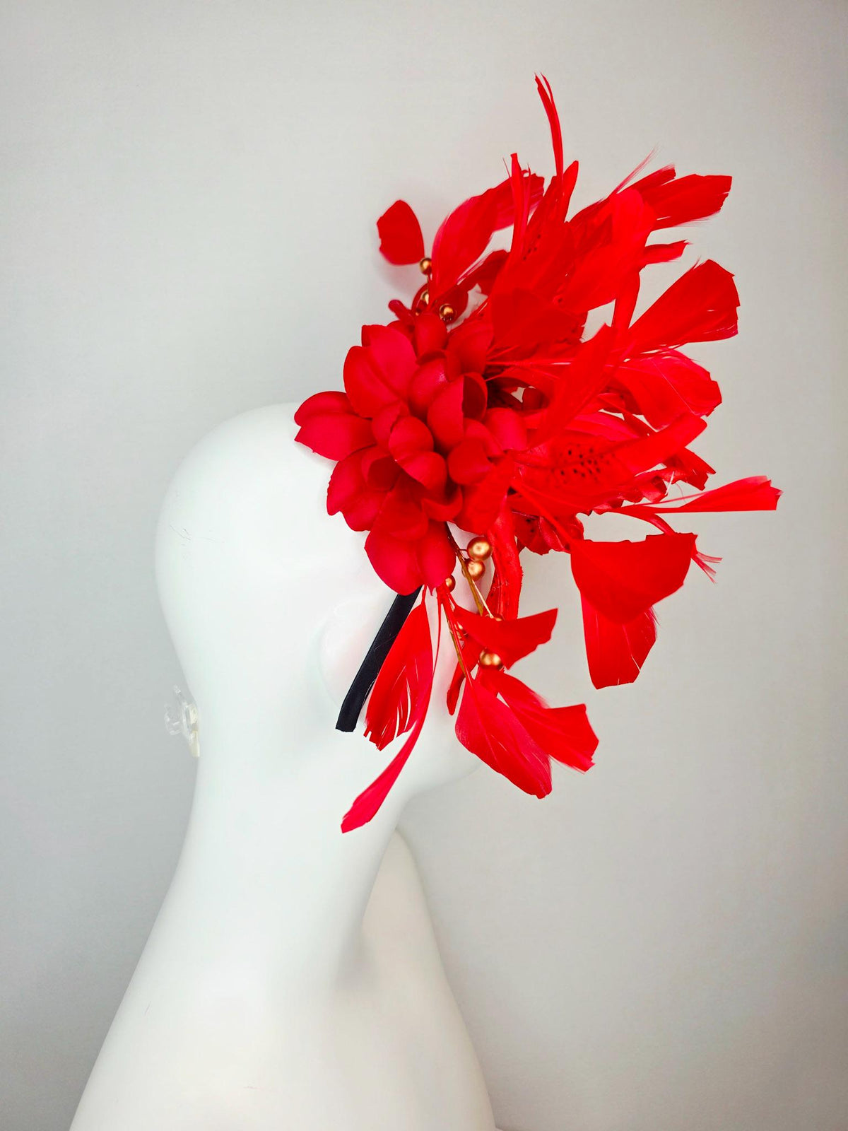 kentucky derby hat fascinator bright scarlet red satin lily flowers with gold pearls and bright red branching feathers