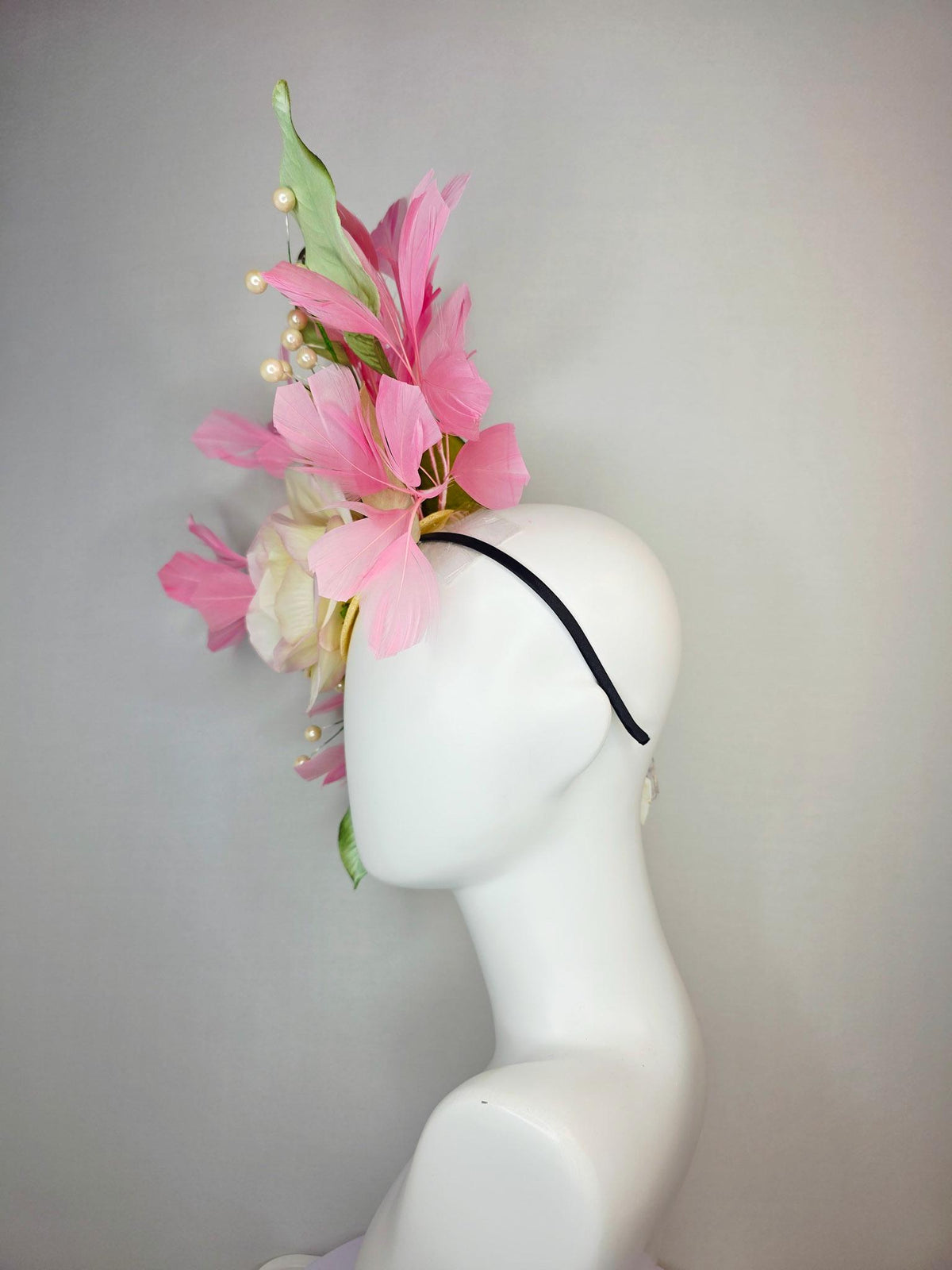 kentucky derby hat fascinator large with ombre lilac cream satin rose tan beige sage green leaves with pearls baby pink branching feathers