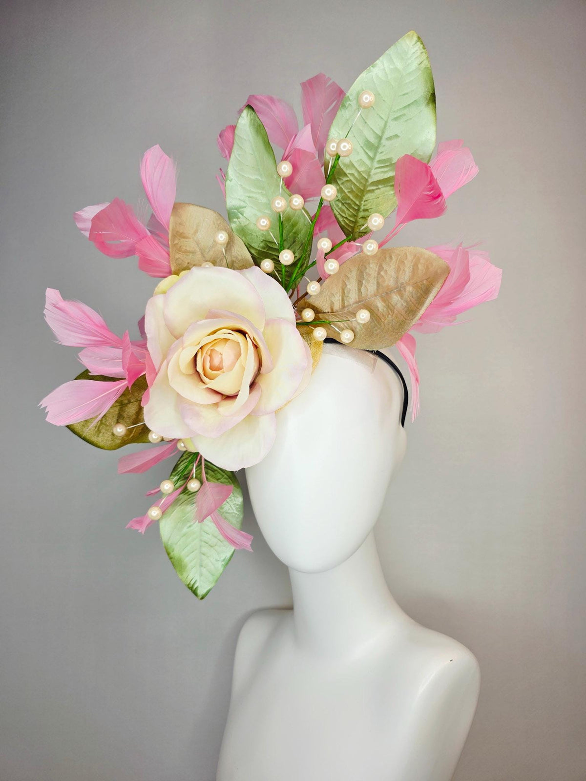 kentucky derby hat fascinator large with ombre lilac cream satin rose tan beige sage green leaves with pearls baby pink branching feathers