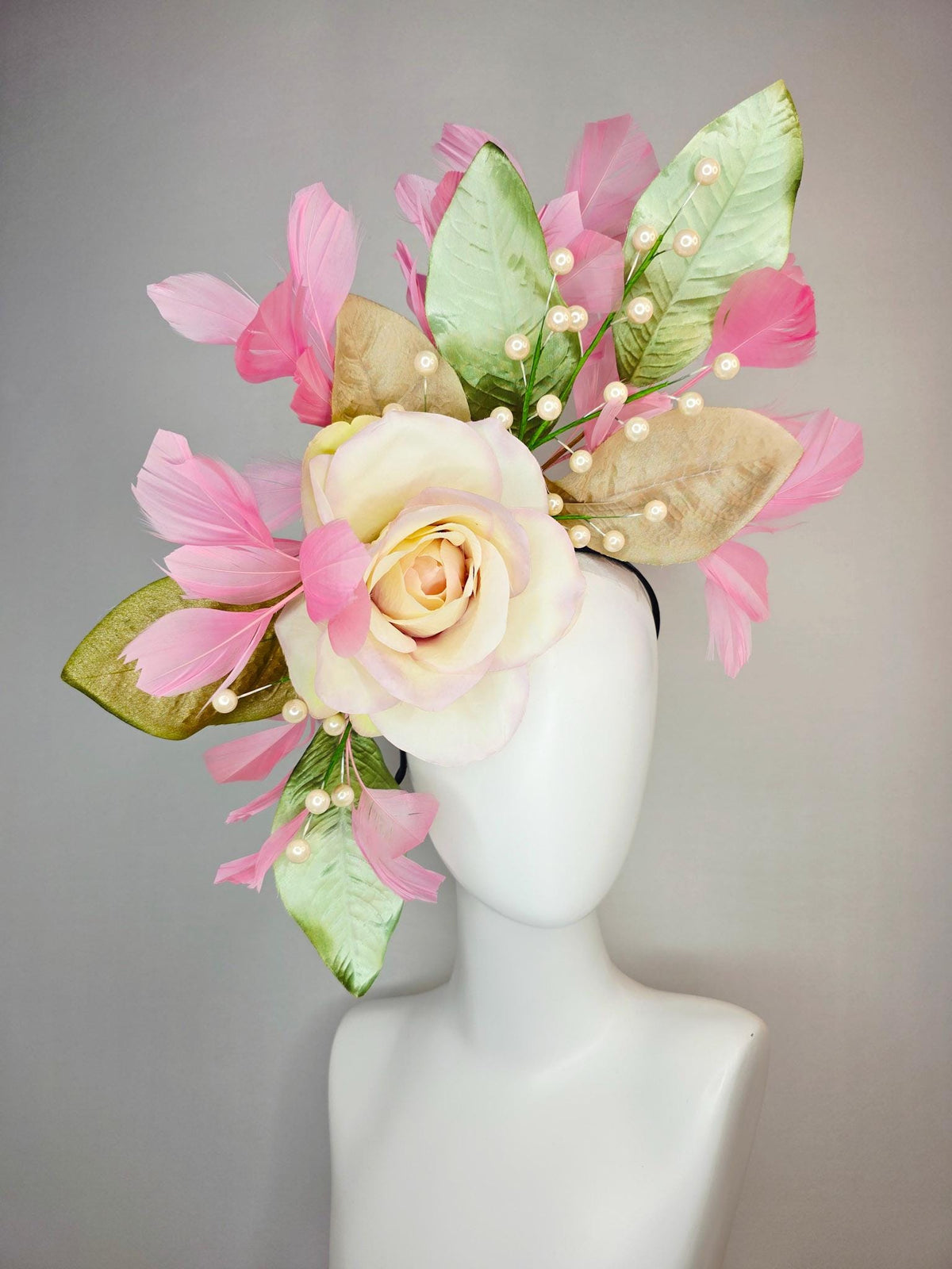 kentucky derby hat fascinator large with ombre lilac cream satin rose tan beige sage green leaves with pearls baby pink branching feathers