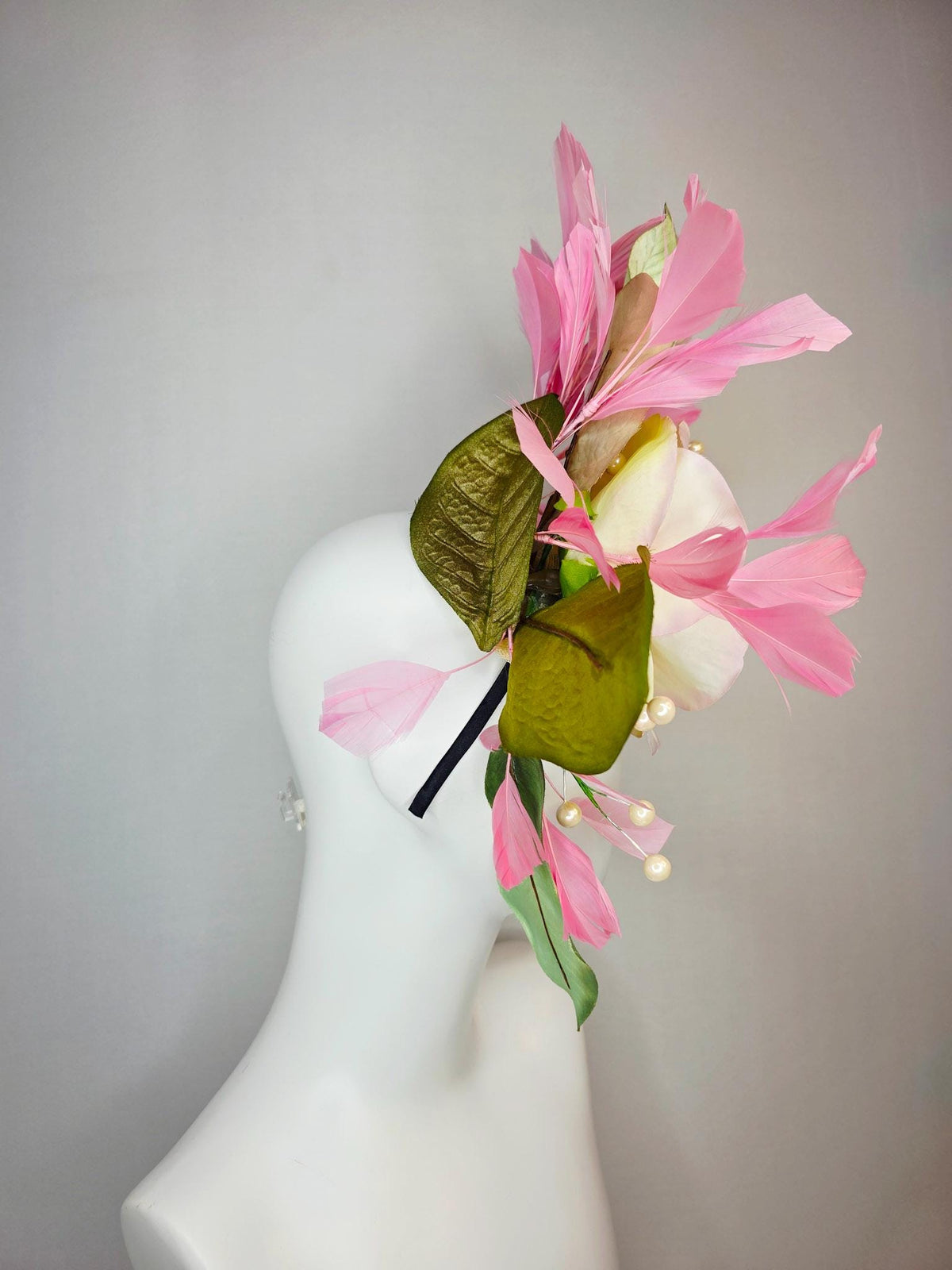 kentucky derby hat fascinator large with ombre lilac cream satin rose tan beige sage green leaves with pearls baby pink branching feathers