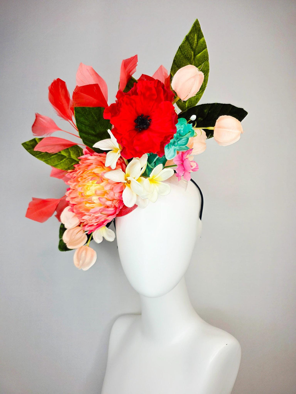 kentucky derby hat fascinator red coral peach orange yellow pink ivory white teal blue satin flowers green leaves and coral red feathers