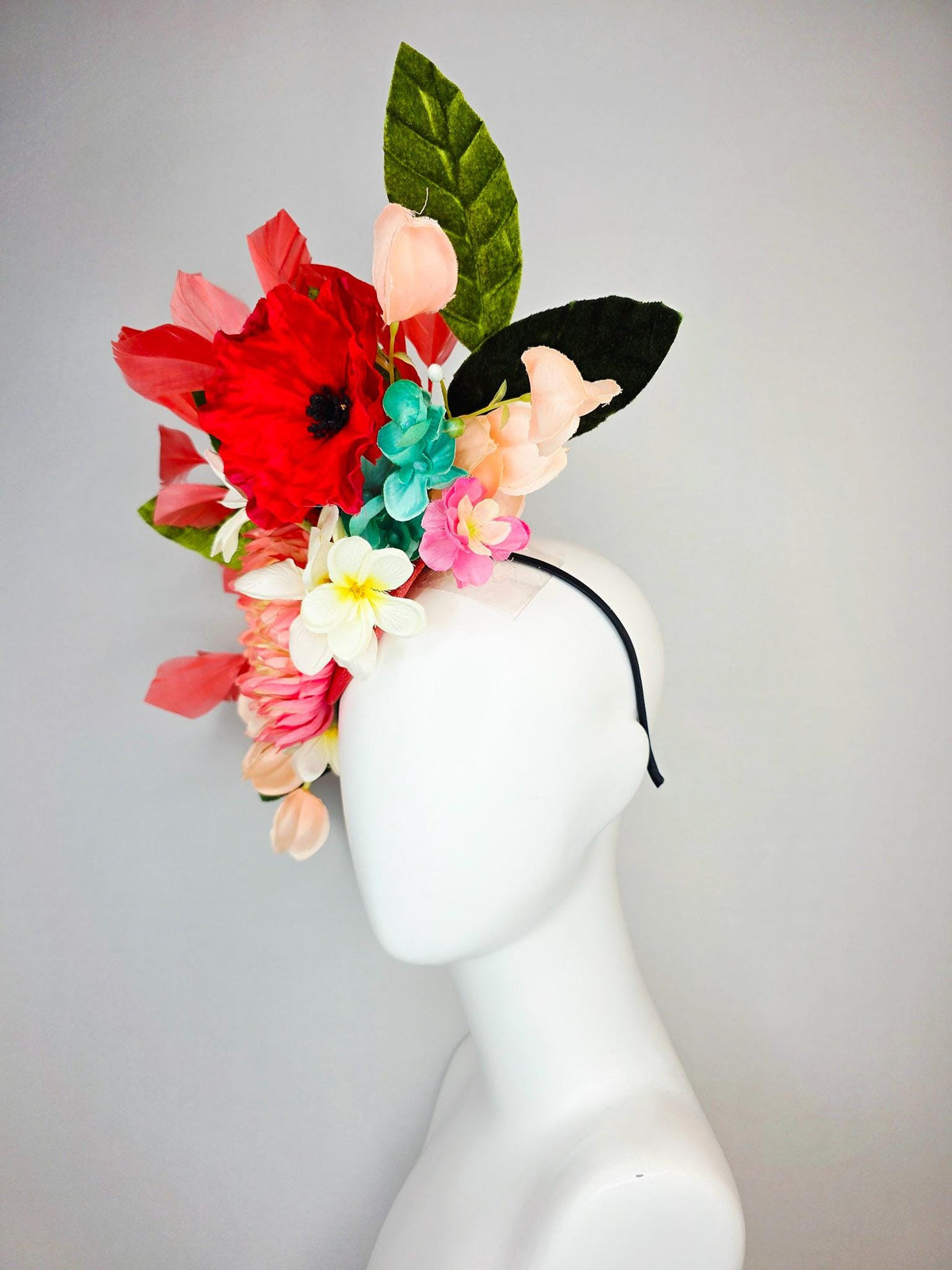 kentucky derby hat fascinator red coral peach orange yellow pink ivory white teal blue satin flowers green leaves and coral red feathers