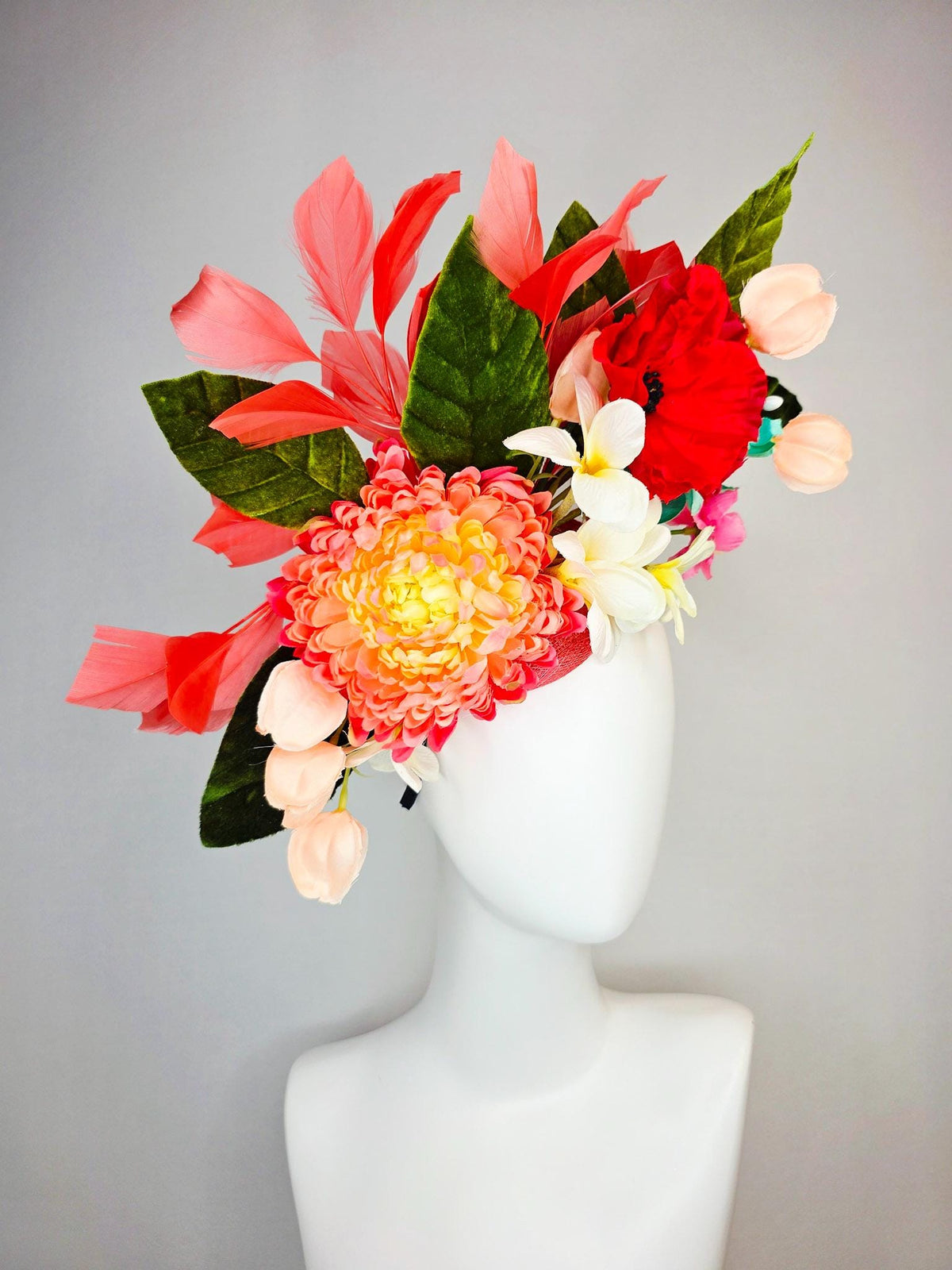 kentucky derby hat fascinator red coral peach orange yellow pink ivory white teal blue satin flowers green leaves and coral red feathers