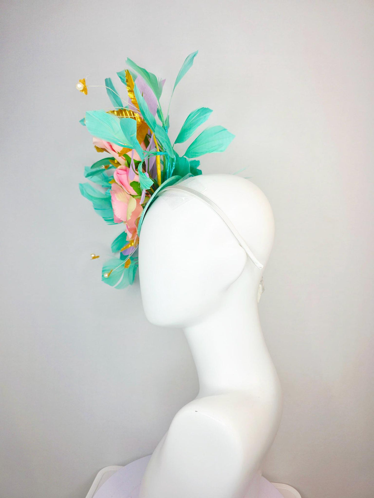 kentucky derby hat fascinator cream light baby pink roses lavender purple and yellow gold leaves pearls aqua mint green branching feathers