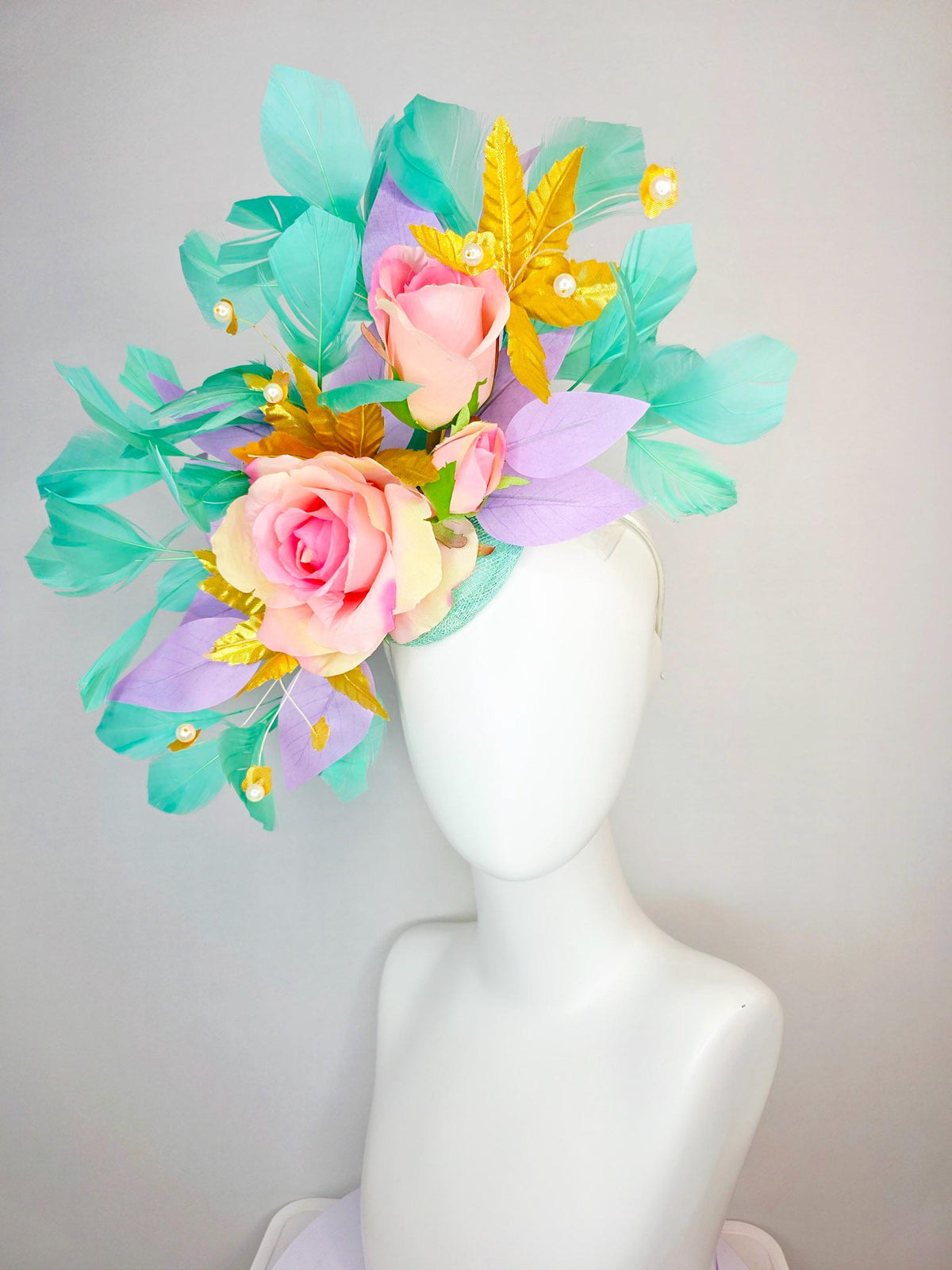 kentucky derby hat fascinator cream light baby pink roses lavender purple and yellow gold leaves pearls aqua mint green branching feathers