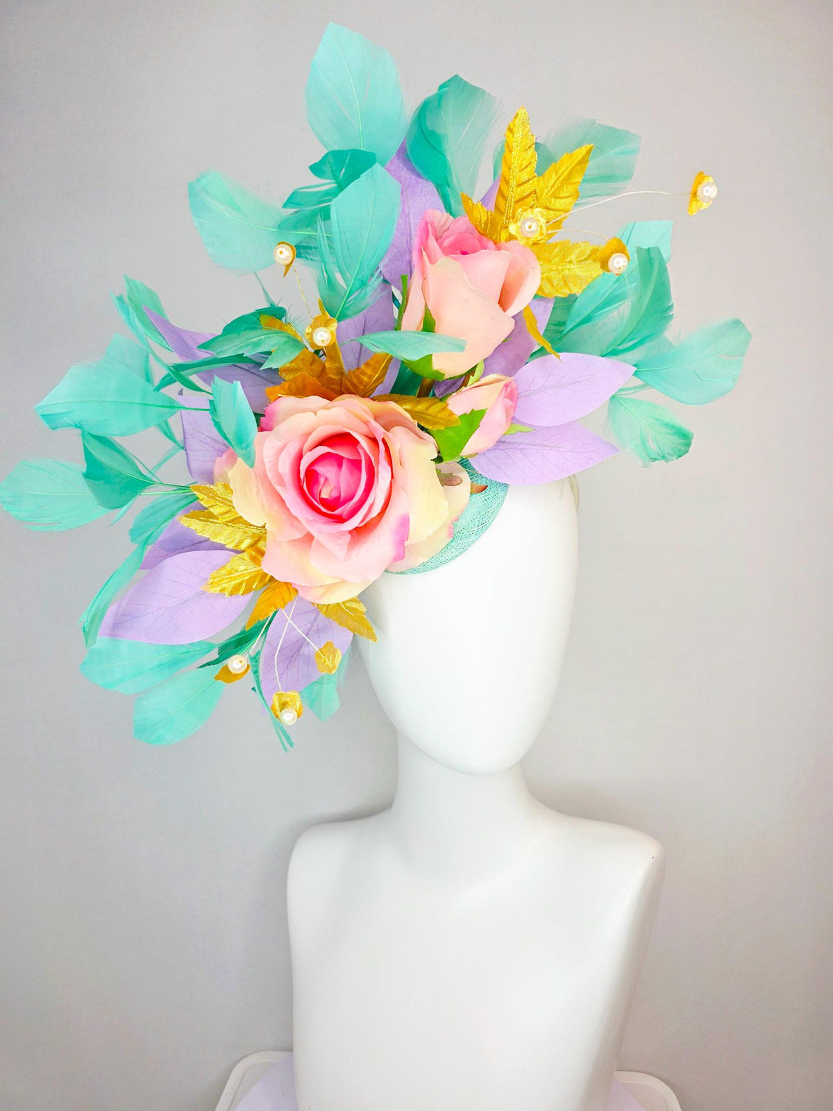 kentucky derby hat fascinator cream light baby pink roses lavender purple and yellow gold leaves pearls aqua mint green branching feathers