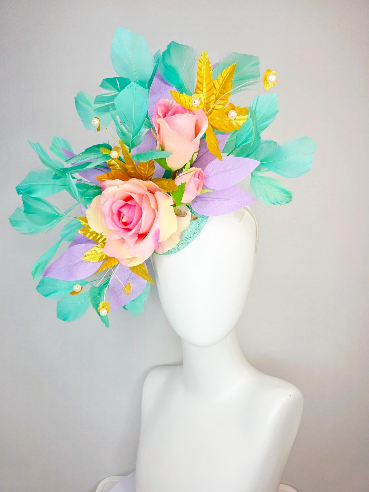 kentucky derby hat fascinator cream light baby pink roses lavender purple and yellow gold leaves pearls aqua mint green branching feathers