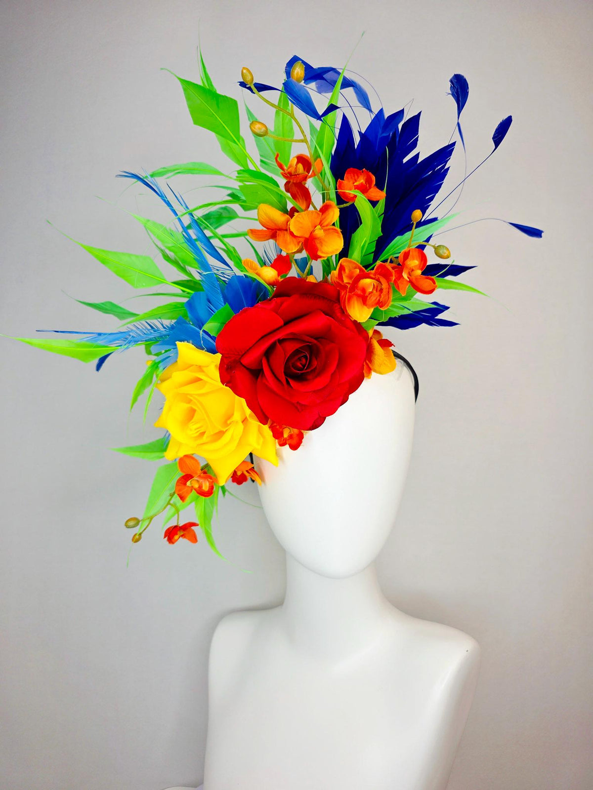 kentucky derby hat fascinator scarlet red and yellow satin roses orange red satin orchids cobalt royal blue lime green branching feathers
