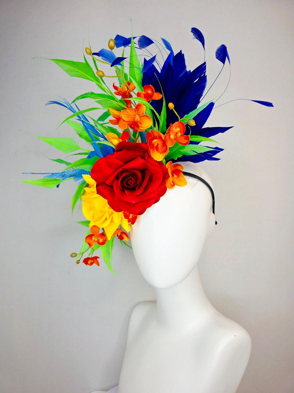 kentucky derby hat fascinator scarlet red and yellow satin roses orange red satin orchids cobalt royal blue lime green branching feathers