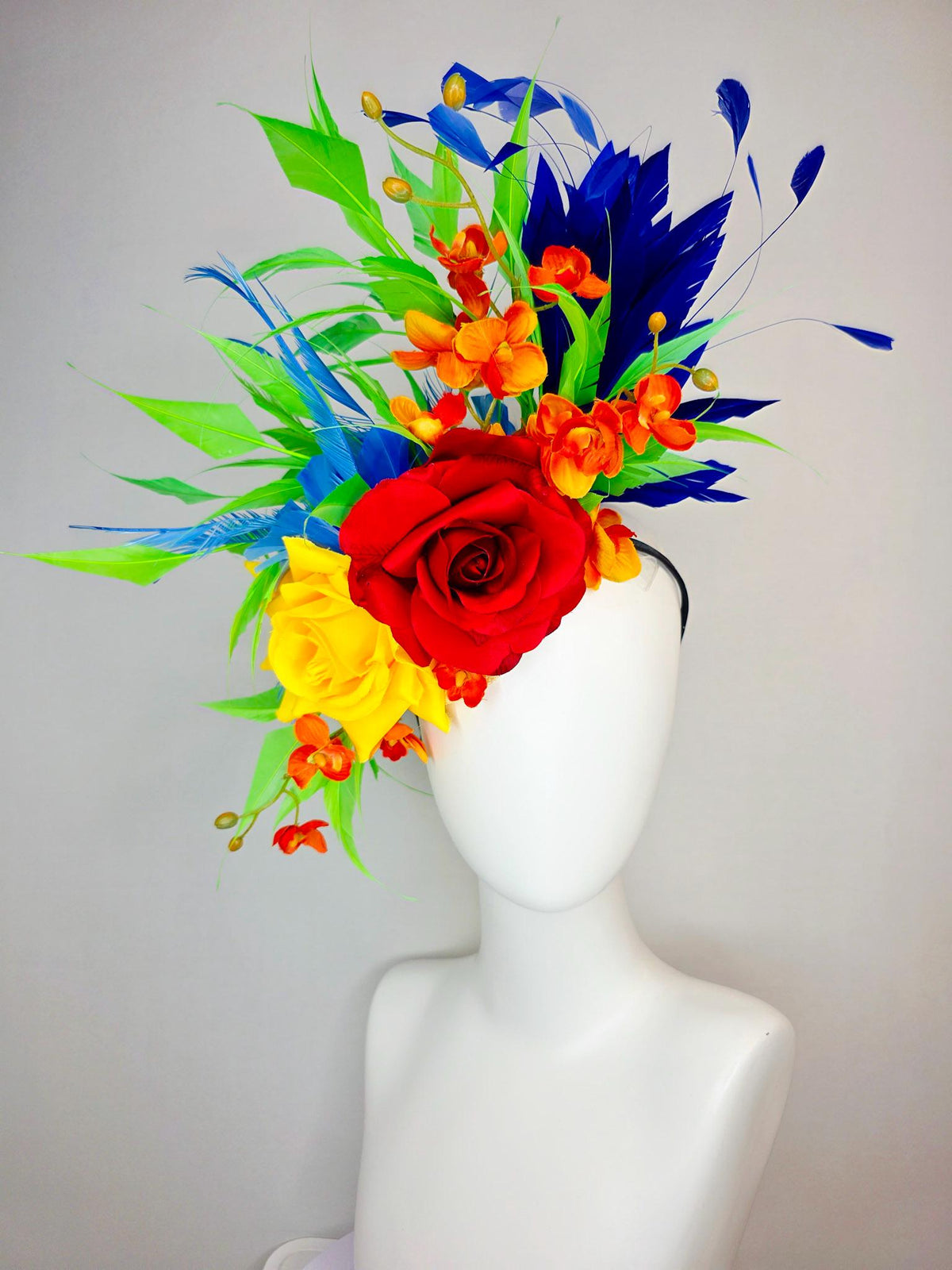 kentucky derby hat fascinator scarlet red and yellow satin roses orange red satin orchids cobalt royal blue lime green branching feathers