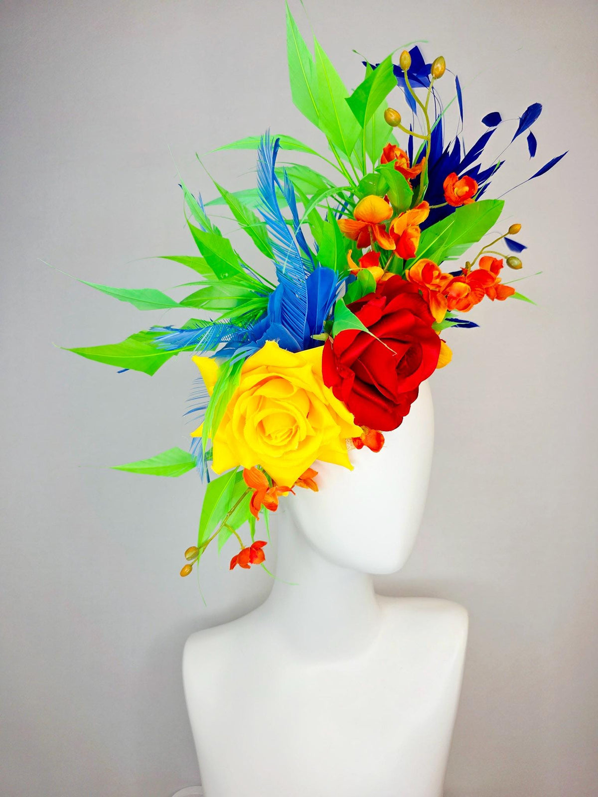 kentucky derby hat fascinator scarlet red and yellow satin roses orange red satin orchids cobalt royal blue lime green branching feathers