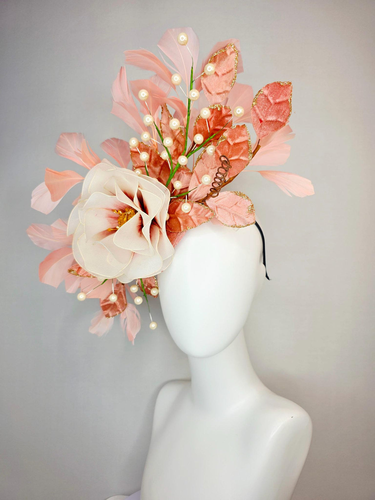 kentucky derby hat fascinator large white cream mesh rose velvet salmon peach orange leaves with pearls light pink peach branching feathers