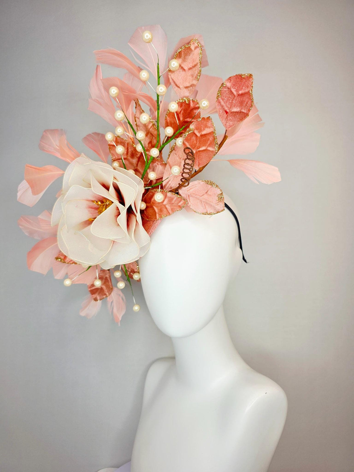 kentucky derby hat fascinator large white cream mesh rose velvet salmon peach orange leaves with pearls light pink peach branching feathers