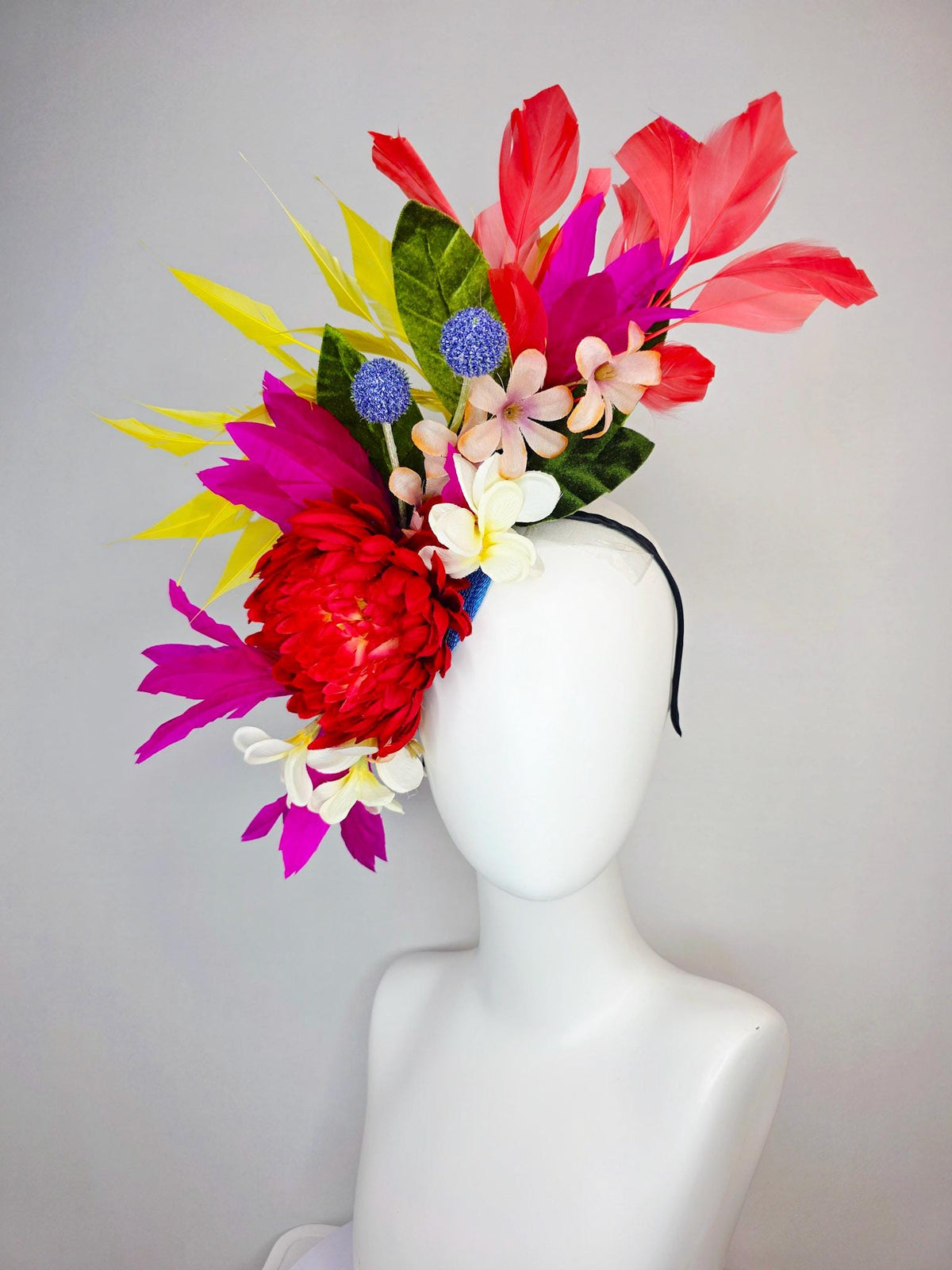 kentucky derby hat fascinator red ivory white magenta purple satin flowers blue thistles green leaves and coral yellow fuchsia pink feathers