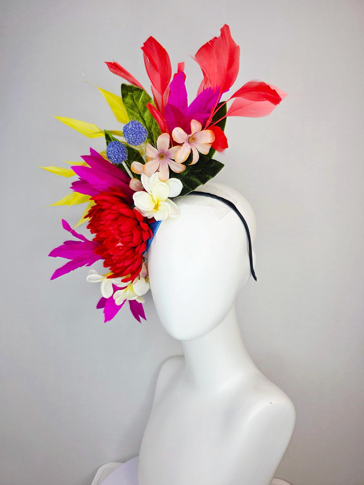 kentucky derby hat fascinator red ivory white magenta purple satin flowers blue thistles green leaves and coral yellow fuchsia pink feathers