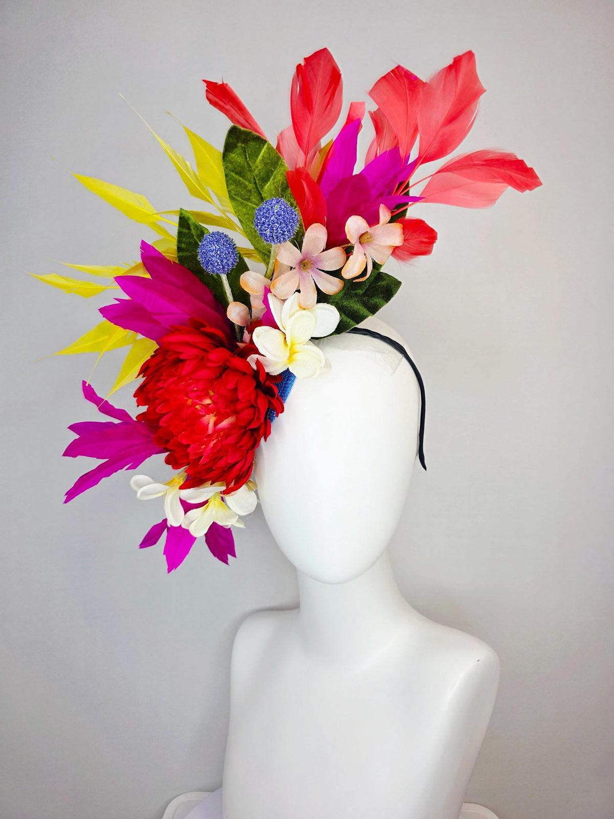kentucky derby hat fascinator red ivory white magenta purple satin flowers blue thistles green leaves and coral yellow fuchsia pink feathers