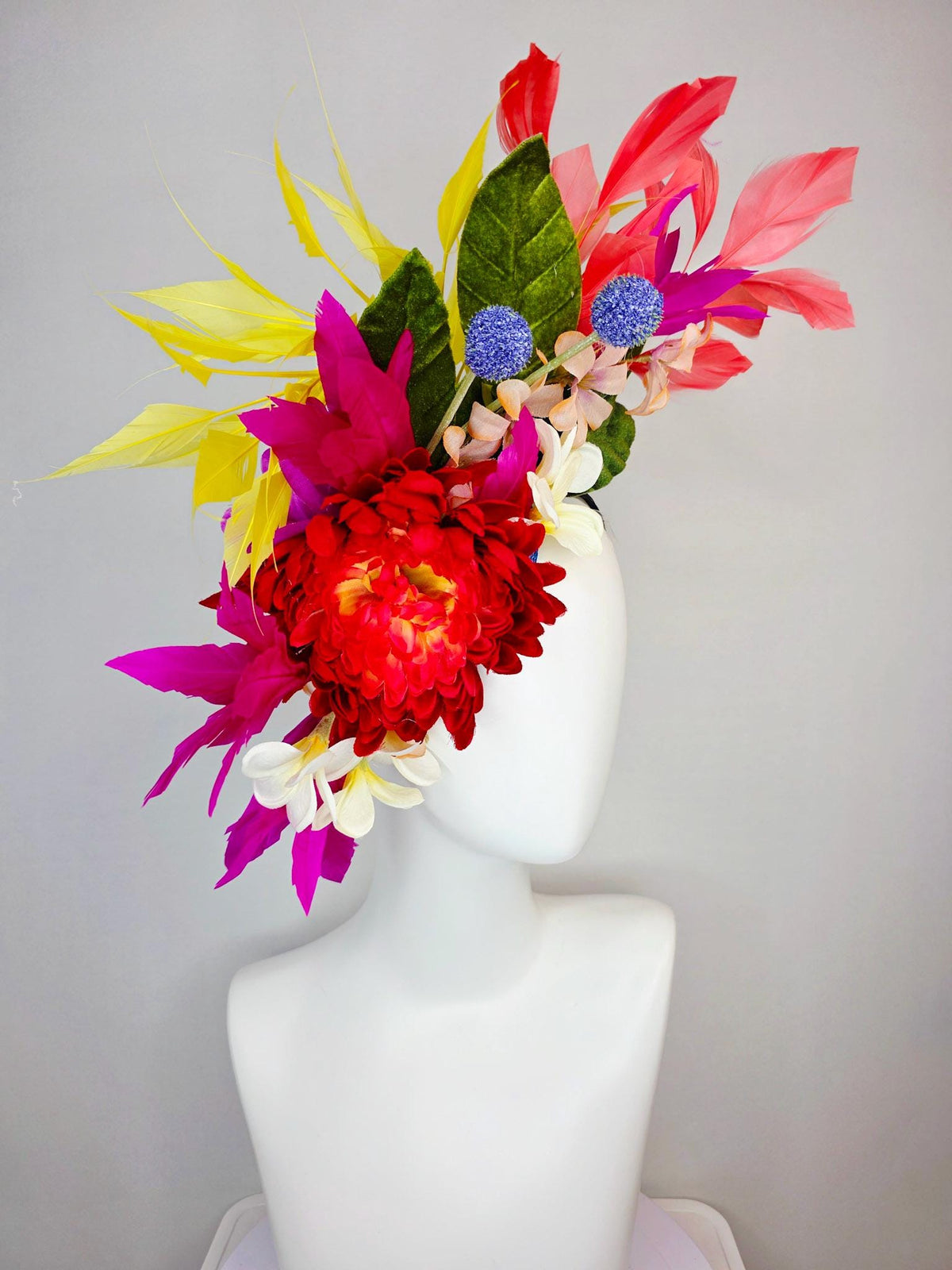 kentucky derby hat fascinator red ivory white magenta purple satin flowers blue thistles green leaves and coral yellow fuchsia pink feathers