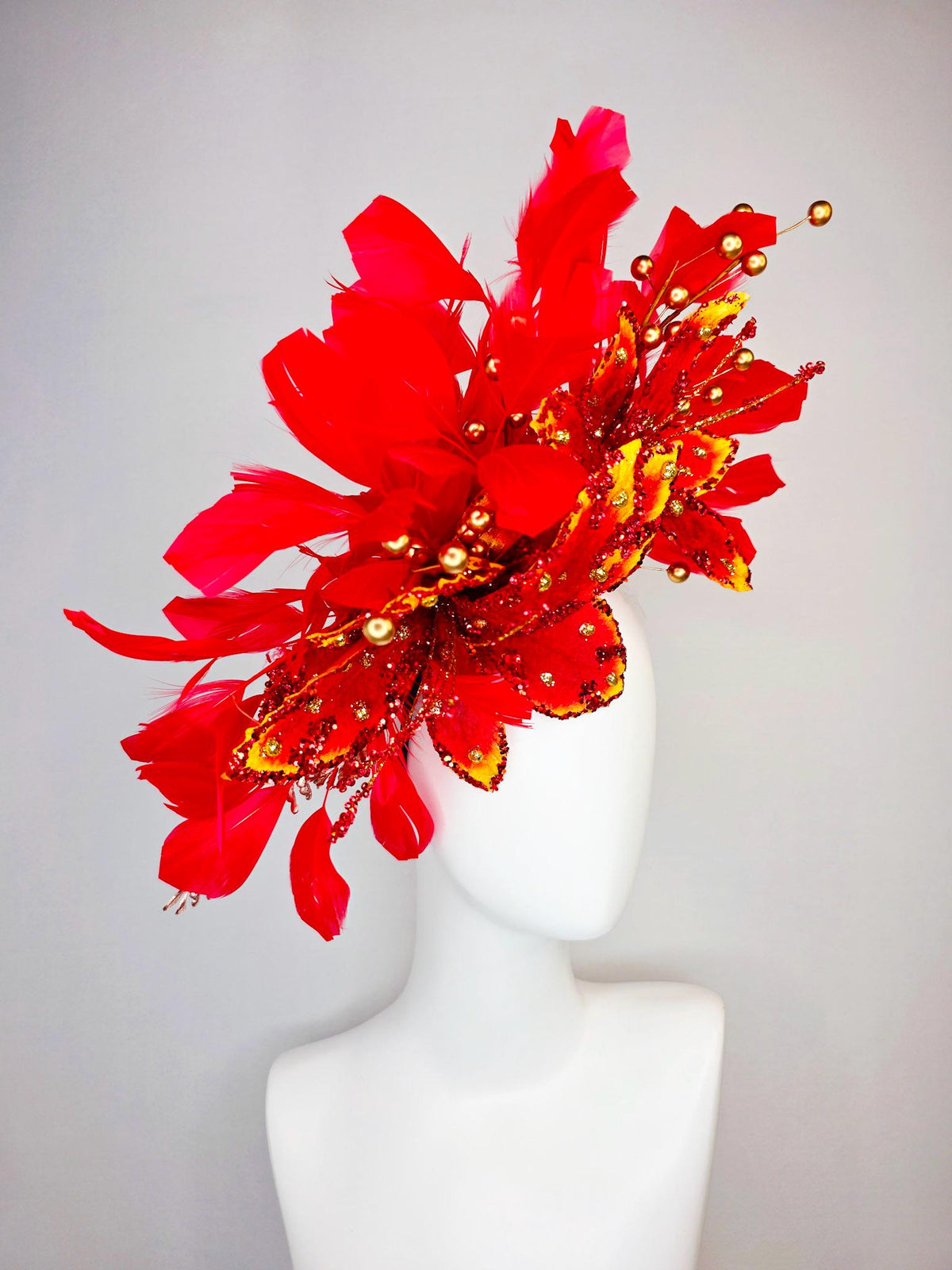 kentucky derby hat fascinator scarlet red and yellow with red sequin satin flowers bright red branching feathers and gold pearl stems