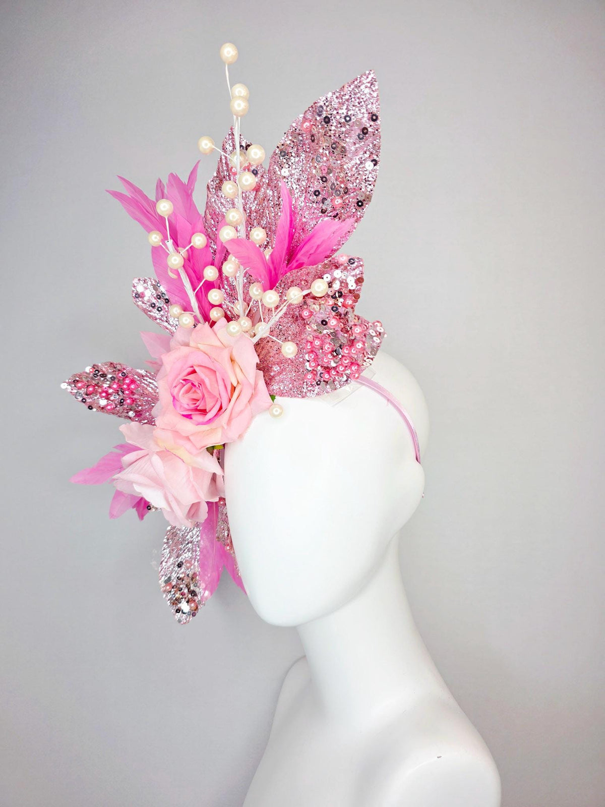 kentucky derby hat fascinator large with cream light pink roses beaded pink pearls and silver sequin leaves pearls and blush pink feathers
