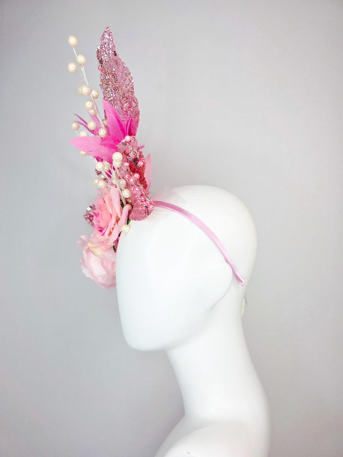 kentucky derby hat fascinator large with cream light pink roses beaded pink pearls and silver sequin leaves pearls and blush pink feathers