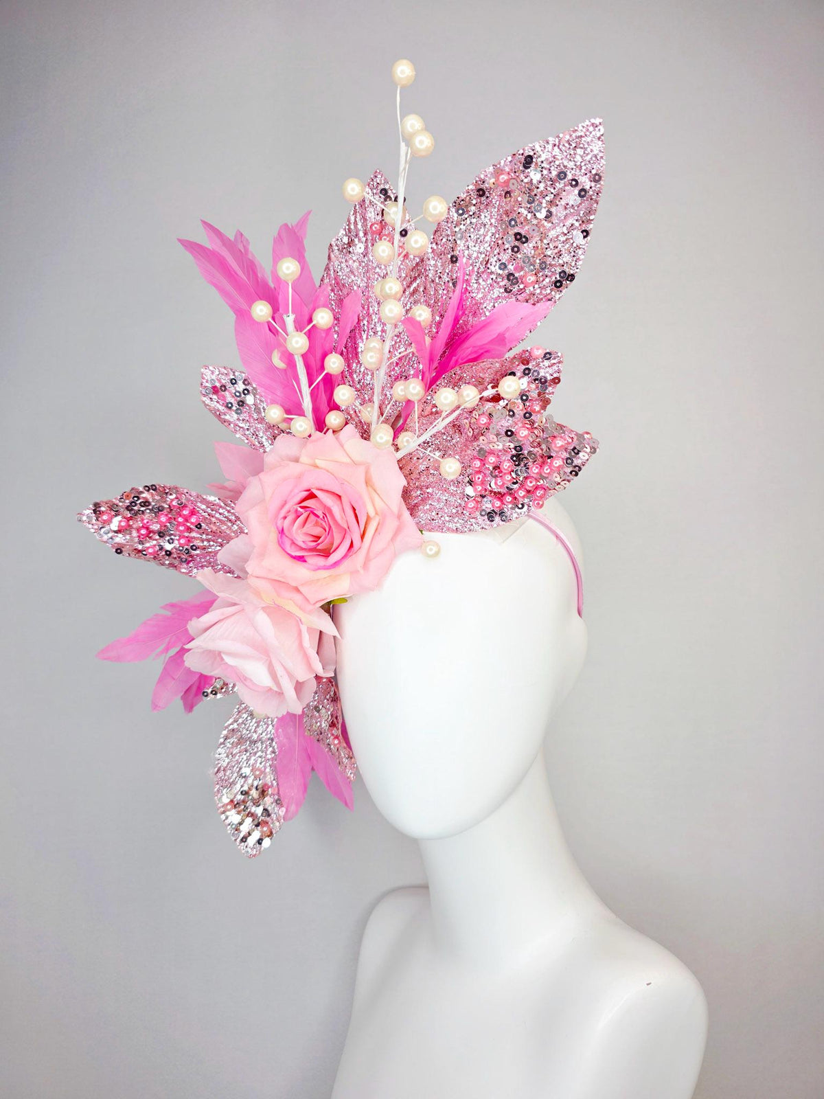 kentucky derby hat fascinator large with cream light pink roses beaded pink pearls and silver sequin leaves pearls and blush pink feathers