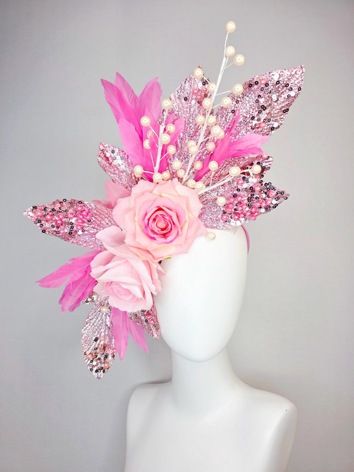 kentucky derby hat fascinator large with cream light pink roses beaded pink pearls and silver sequin leaves pearls and blush pink feathers