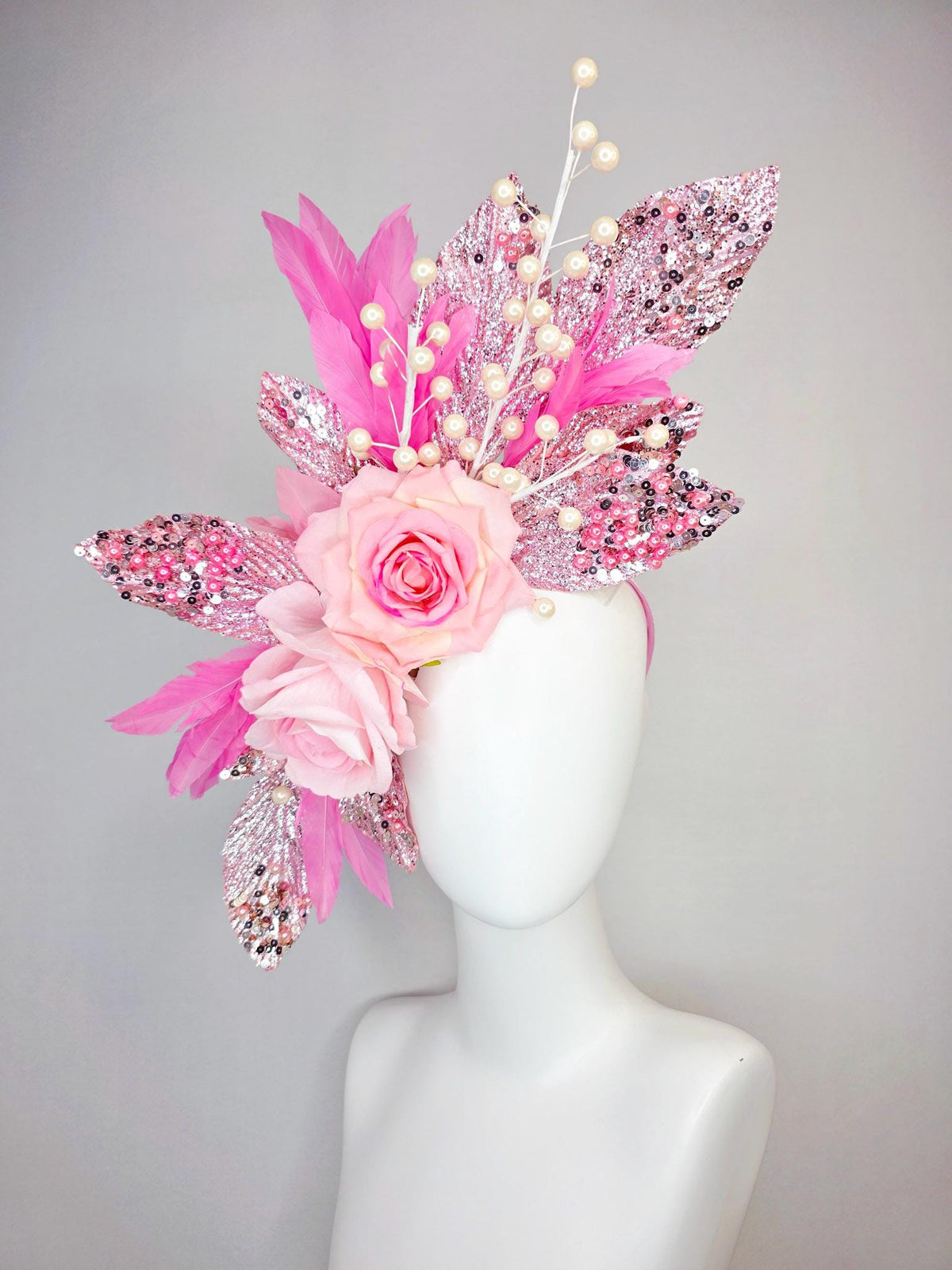kentucky derby hat fascinator large with cream light pink roses beaded pink pearls and silver sequin leaves pearls and blush pink feathers