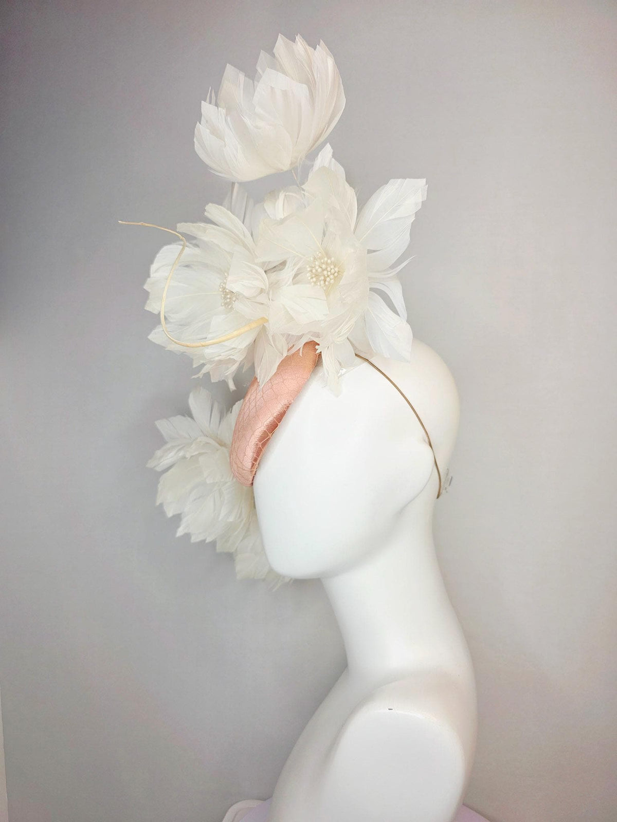 kentucky derby hat fascinator mauve dusty pink satin with netting and large fluffy Ivory white feather flowers and ivory white feathers