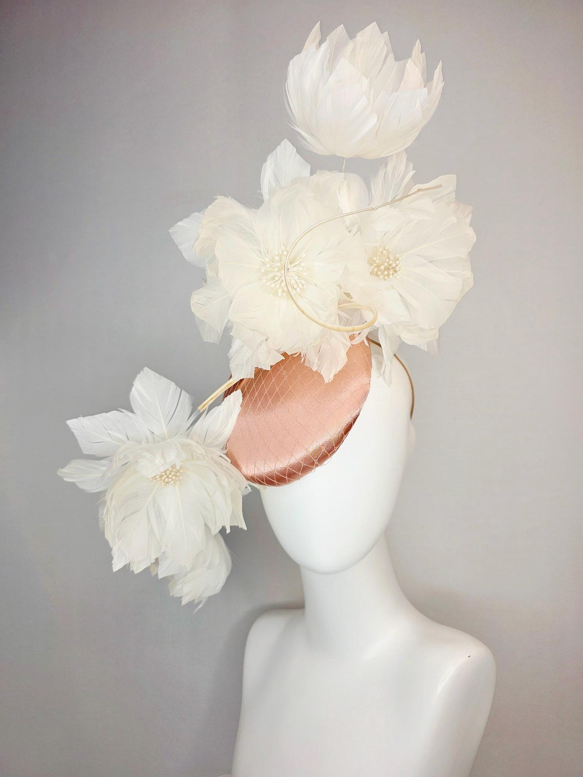 kentucky derby hat fascinator mauve dusty pink satin with netting and large fluffy Ivory white feather flowers and ivory white feathers