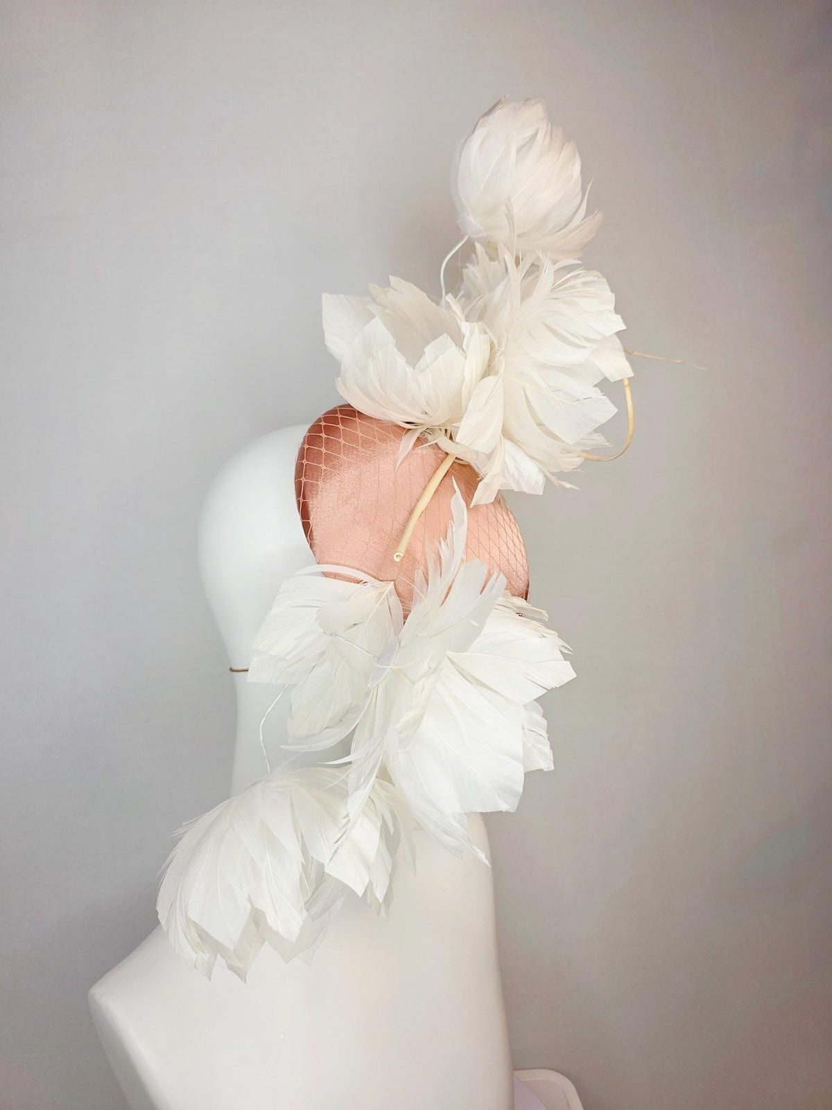 kentucky derby hat fascinator mauve dusty pink satin with netting and large fluffy Ivory white feather flowers and ivory white feathers