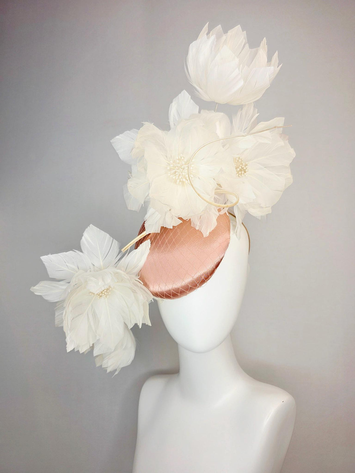 kentucky derby hat fascinator mauve dusty pink satin with netting and large fluffy Ivory white feather flowers and ivory white feathers