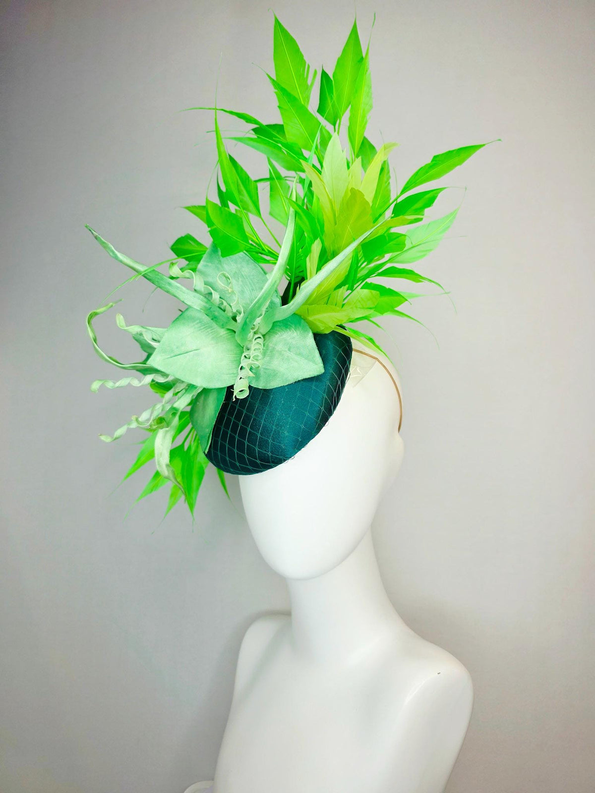 kentucky derby hat fascinator emerald green satin with netting light green satin flower with curls yellow lime green branching feathers